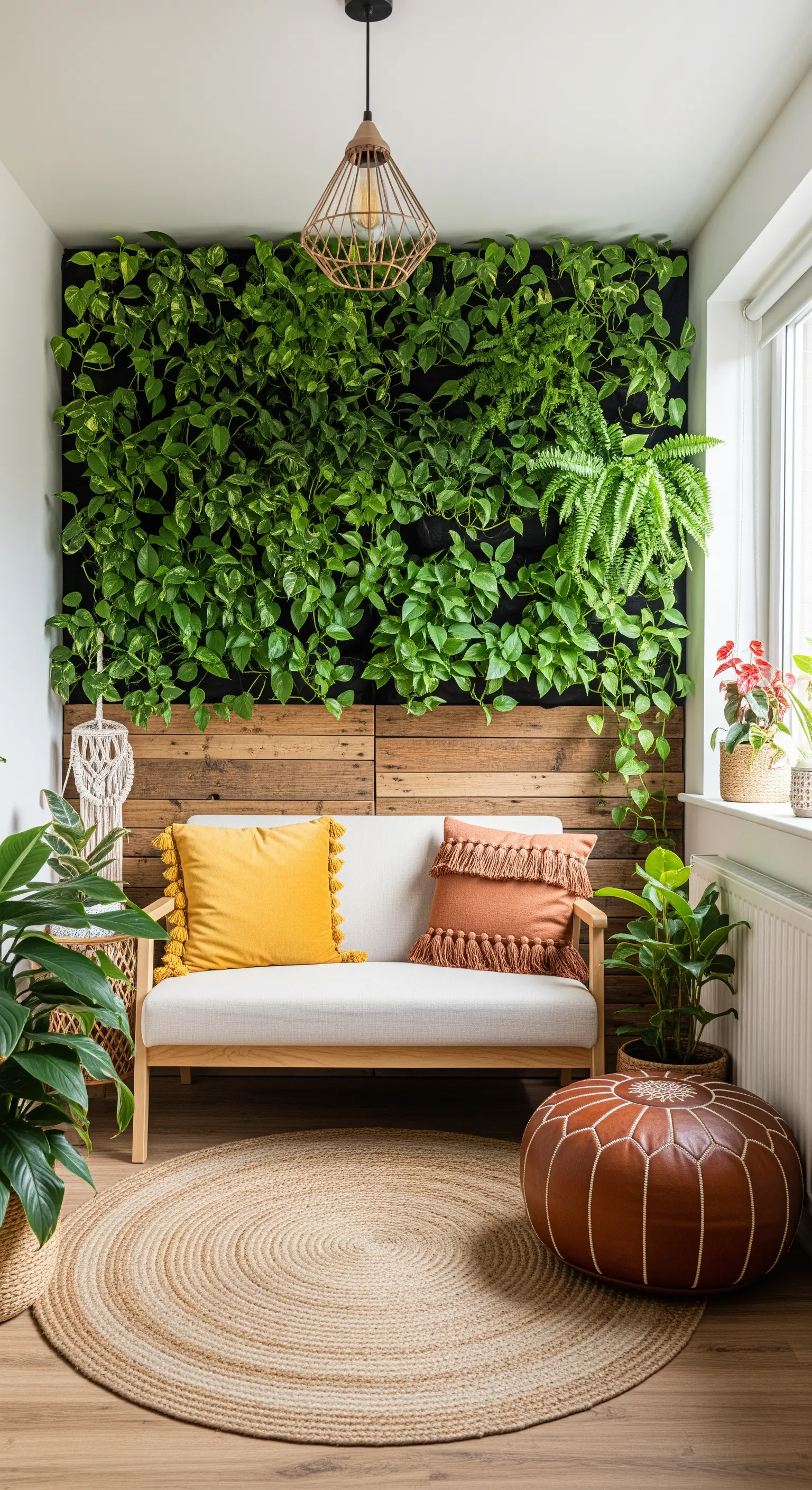 Eine vertikale grüne Pflanzenwand hinter einer kleinen Couch in einer Boho-Nische.
