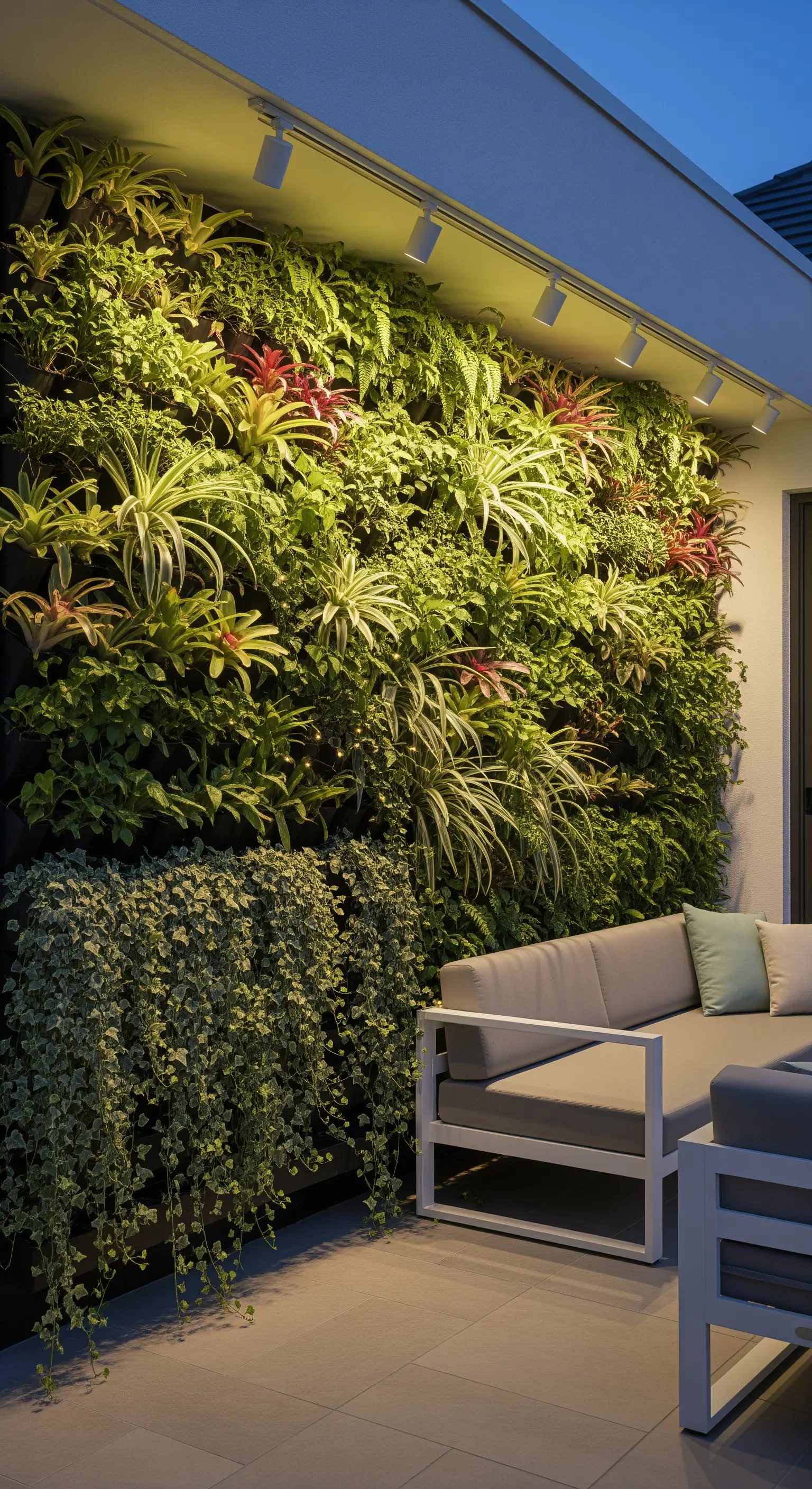 Eine üppig bepflanzte vertikale Gartenwand wird von oben durch Spots beleuchtet.
