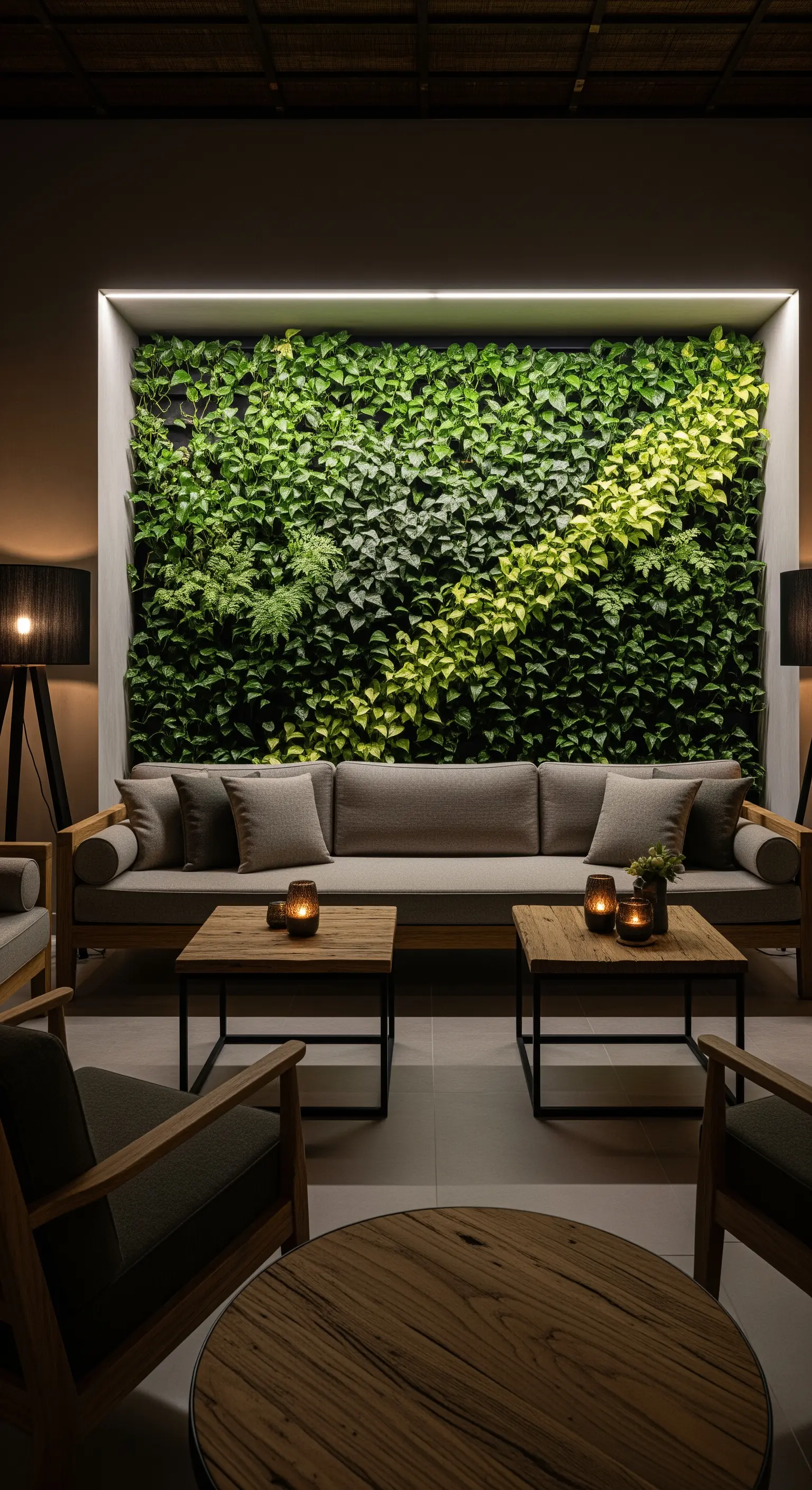 Wohnzimmer mit einer großen, beleuchteten Pflanzenwand hinter einem grauen Sofa.