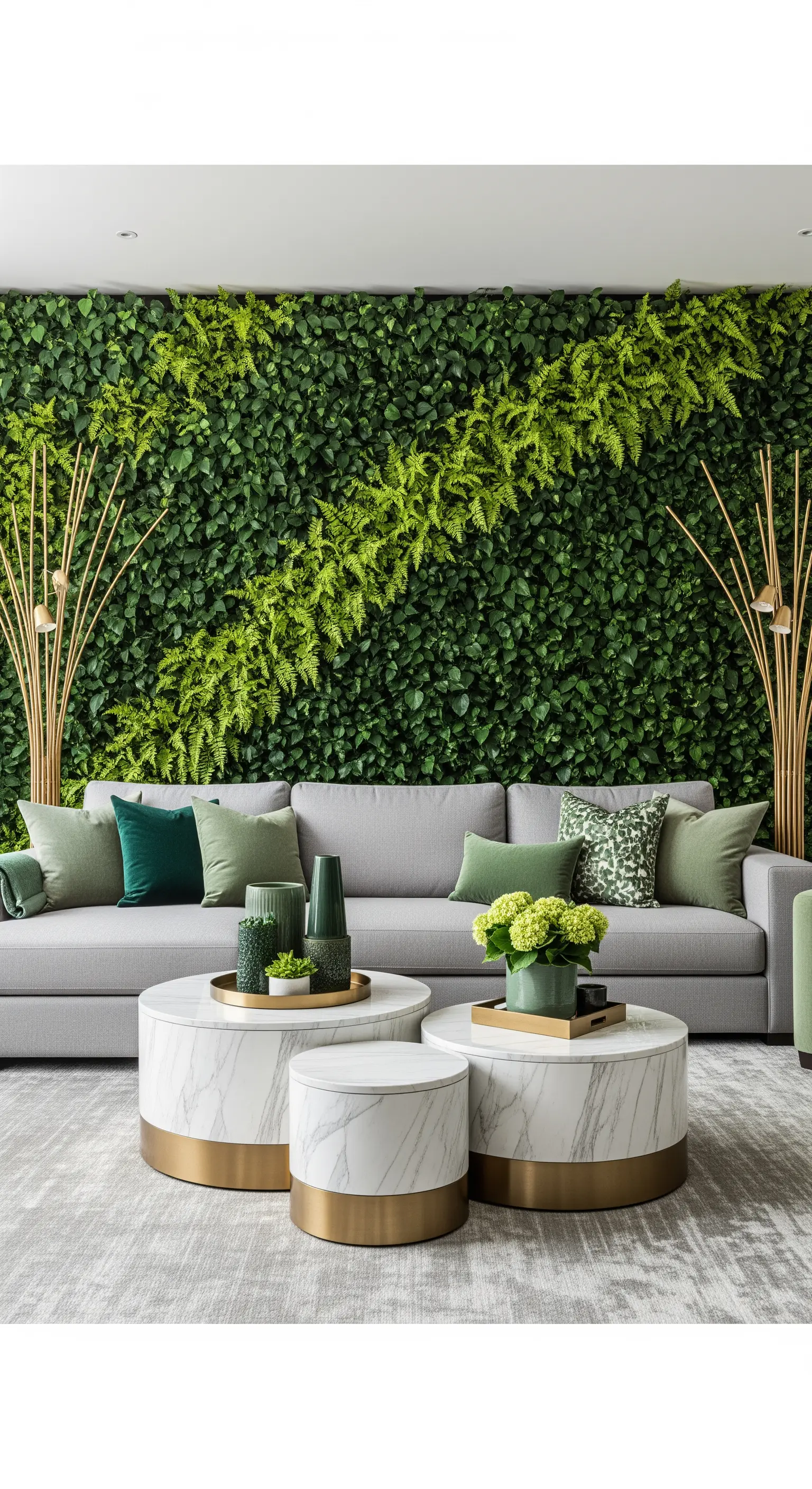 Wohnzimmer mit einer großen, lebendigen Pflanzenwand hinter einem grauen Sofa.