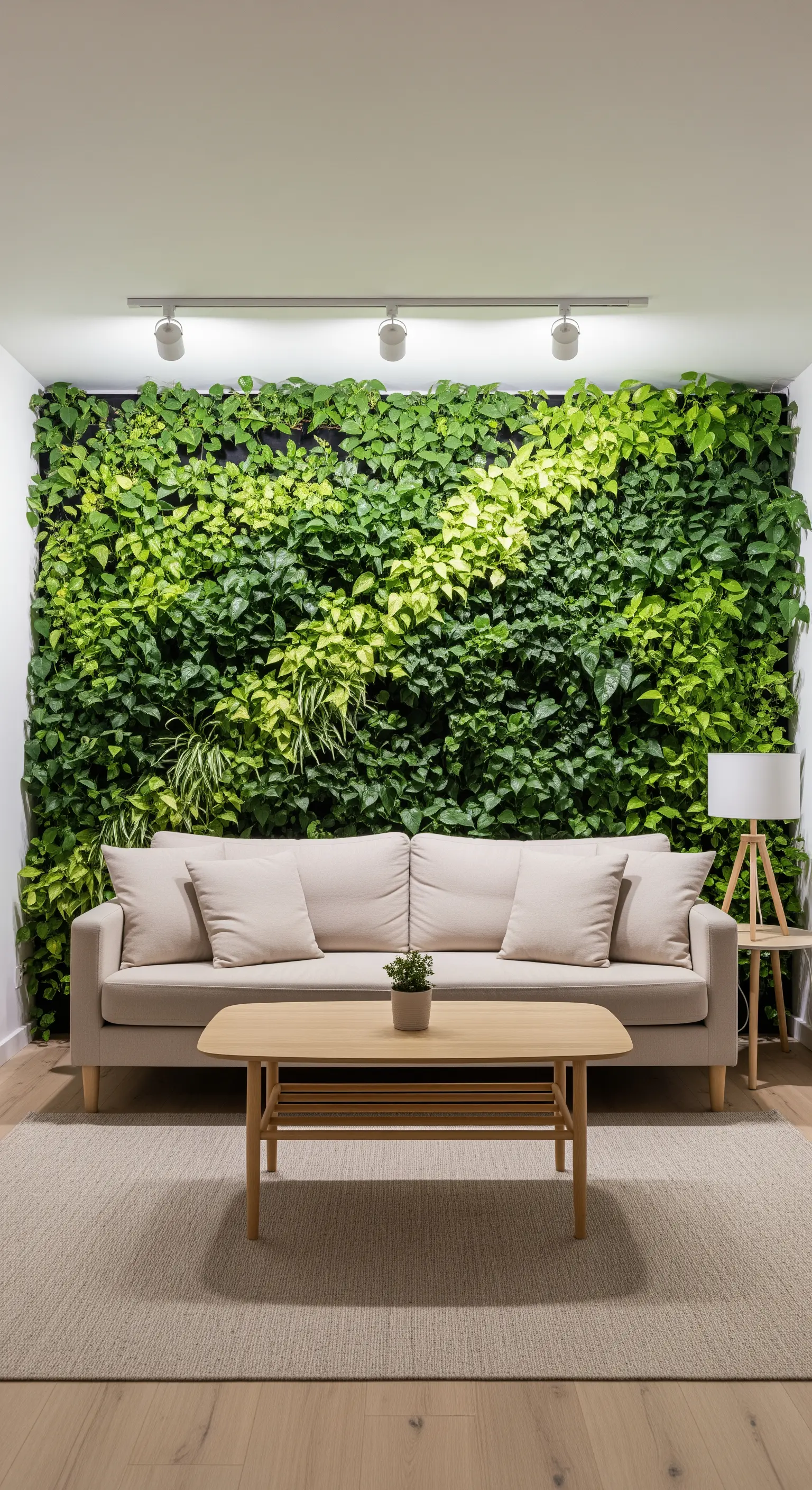 Wohnzimmer mit einer vollflächigen, bepflanzten grünen Wand hinter einem beigen Sofa.