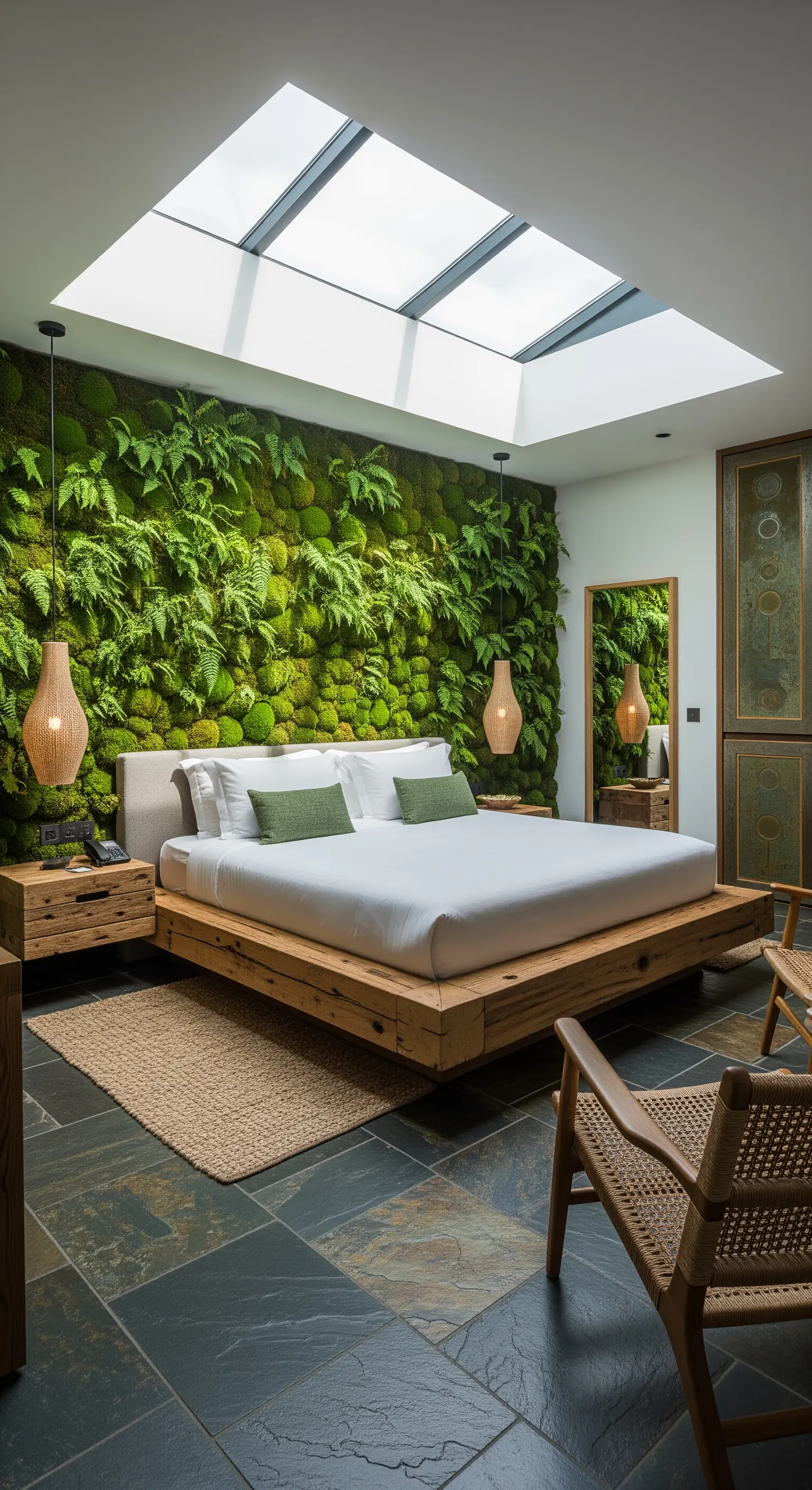 Schlafzimmer mit einer lebenden grünen Mooswand, Oberlicht und einem Bett aus Massivholz.