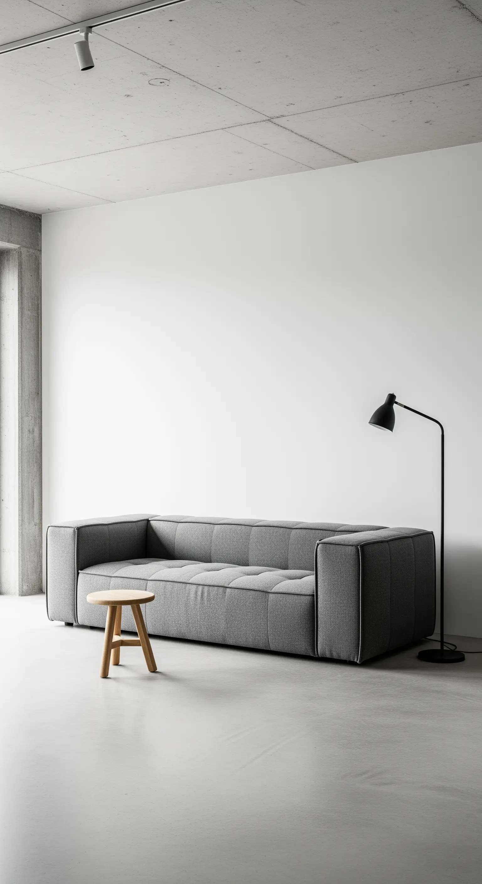 Großes, graues Sofa steht allein vor einer weißen Wand in einem Raum mit Beton-Elementen.