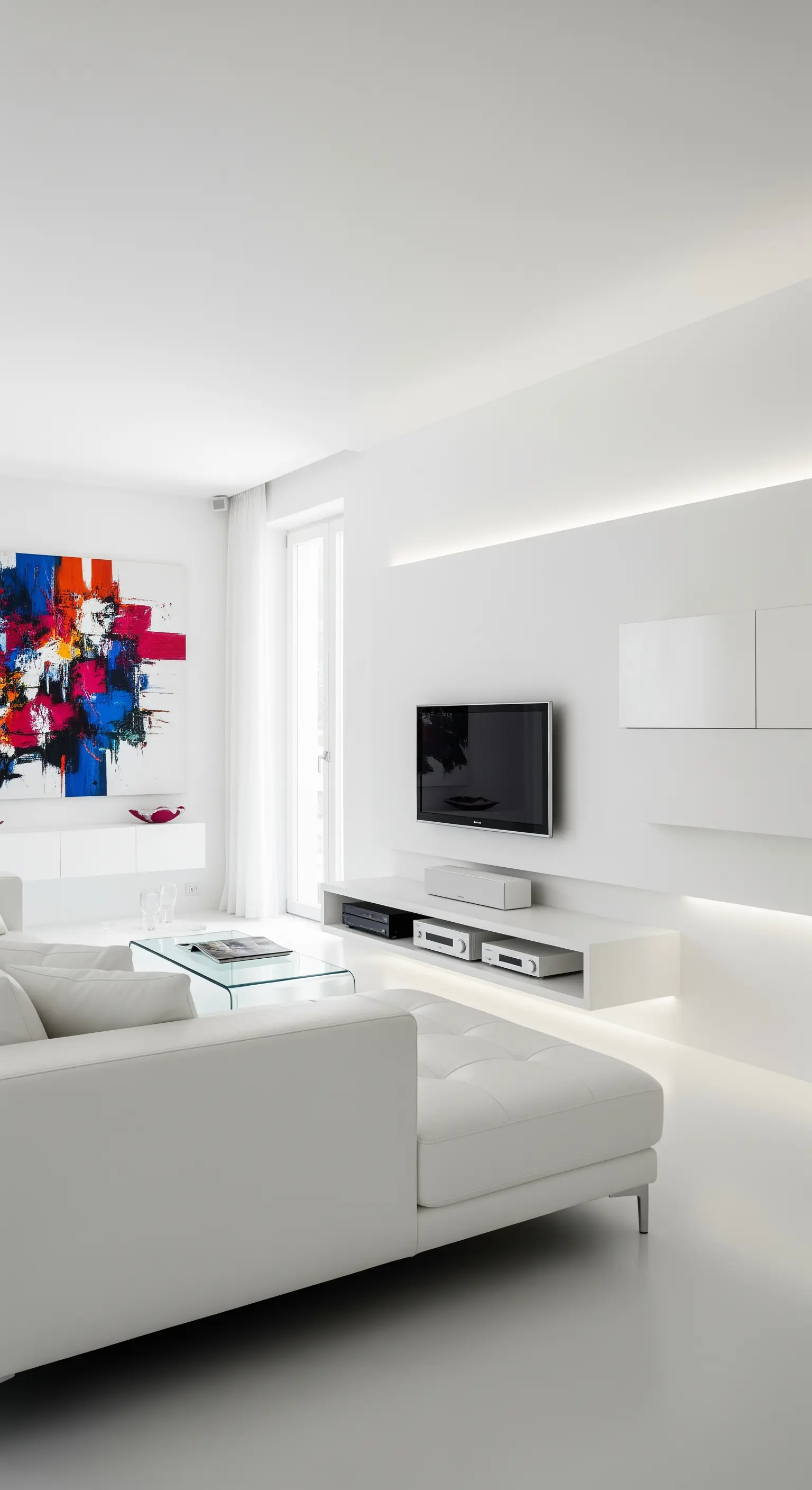 Reinweißes, minimalistisches Wohnzimmer mit einem großen, farbenfrohen abstrakten Kunstwerk an der Wand.