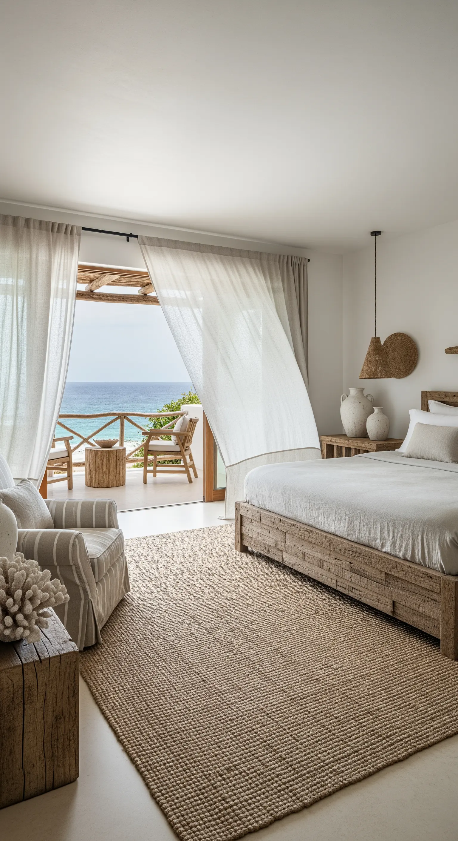 Helles Schlafzimmer mit Meerblick, Holzbett, Leinen-Vorhängen und einem großen Jute-Teppich.