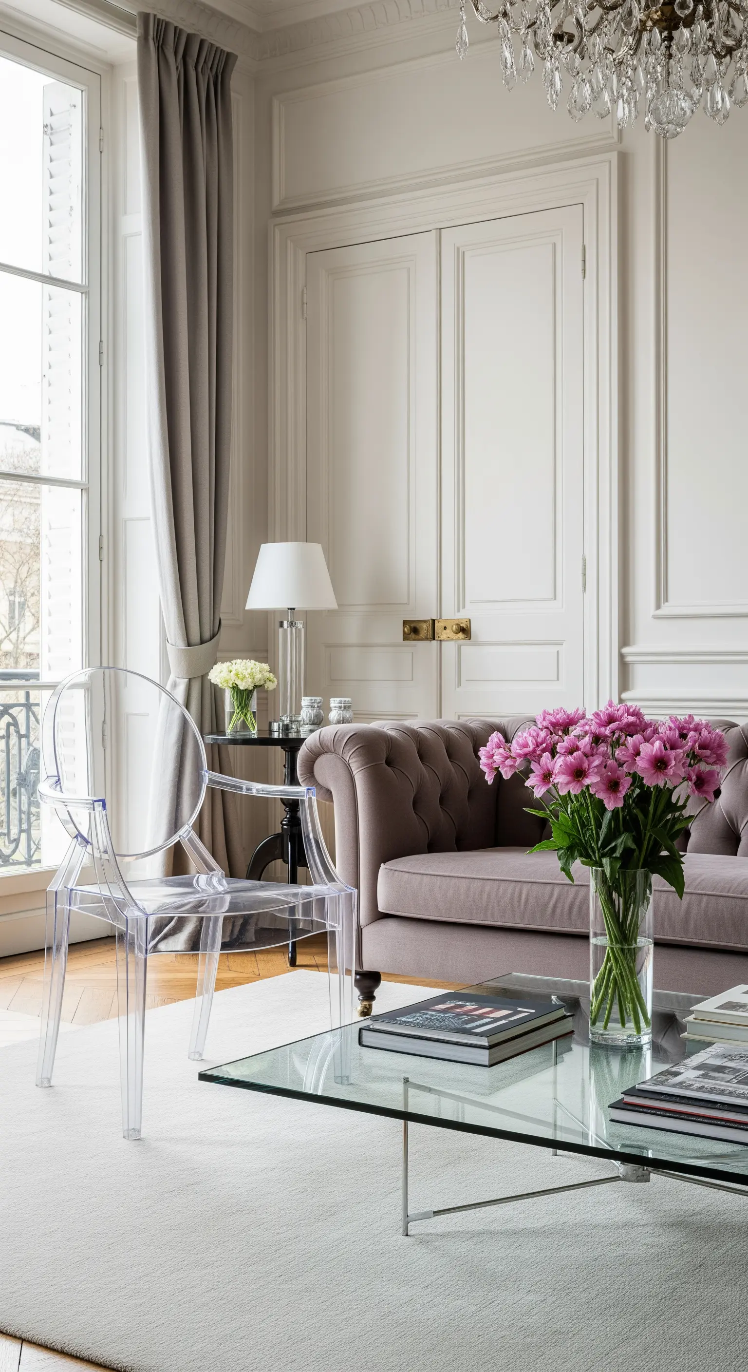 Wohnzimmer, das ein klassisches Sofa mit einem transparenten Acrylstuhl und Glastisch kombiniert.