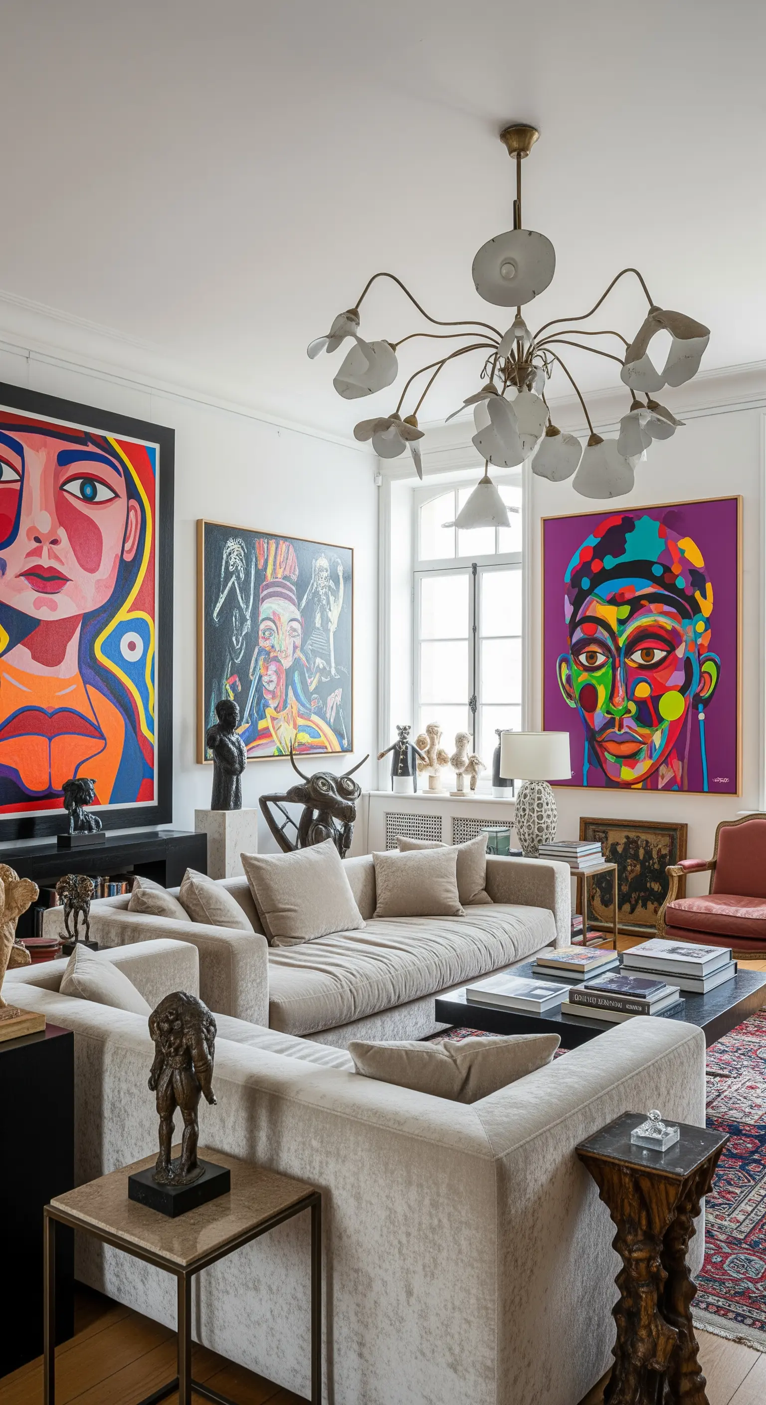 Helles Sofa in einer Kunstgalerie-ähnlichen Wohnung mit grossen, farbenfrohen Gemälden.