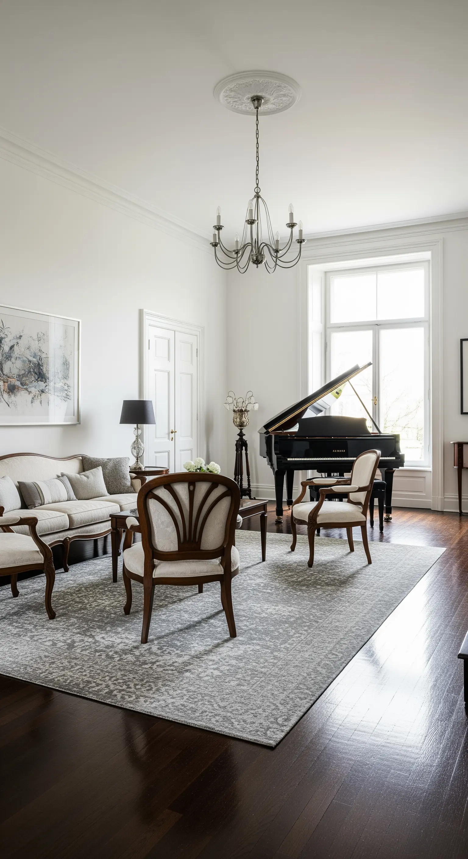 Klassisches Wohnzimmer mit schwarzem Flügel und einem dezent gemusterten, grauen Teppich.