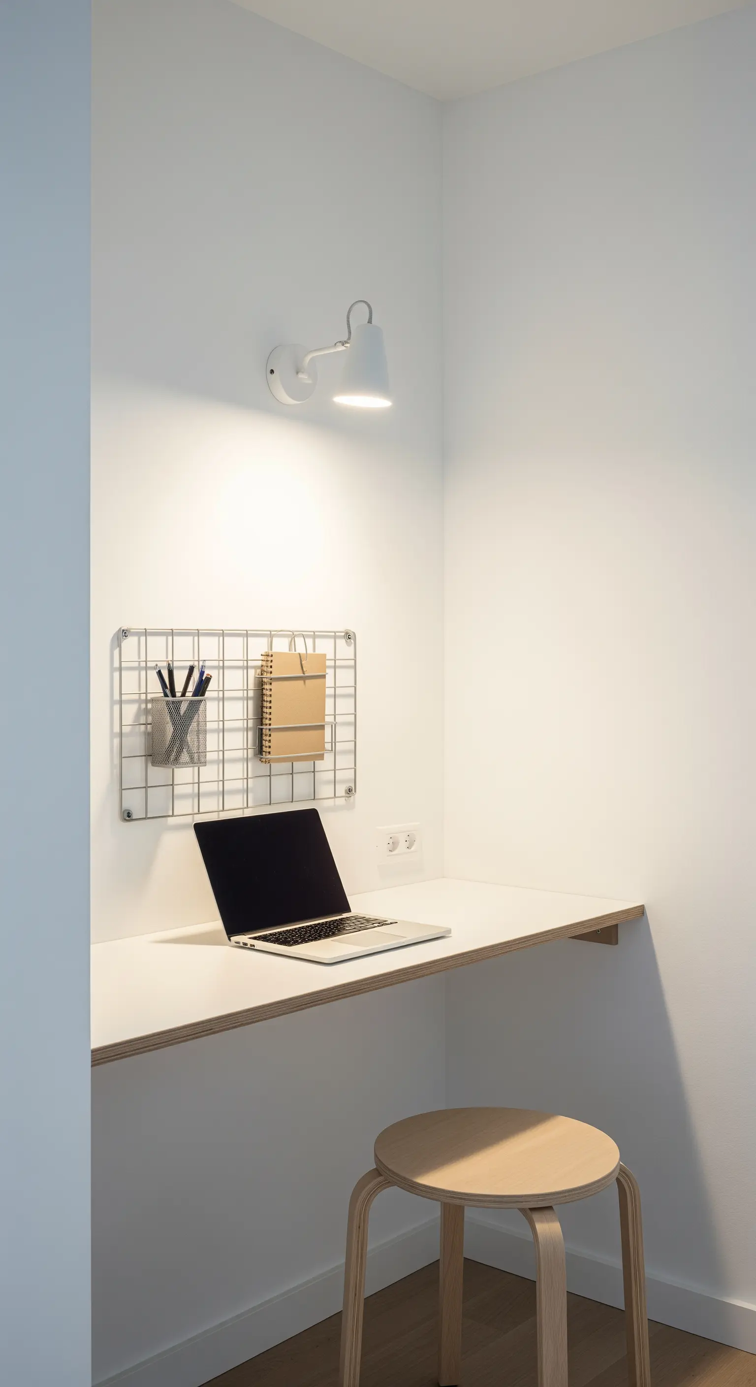 Kleine, weiße Arbeitsecke mit schwebendem Schreibtisch und Gitter-Wandorganizer.