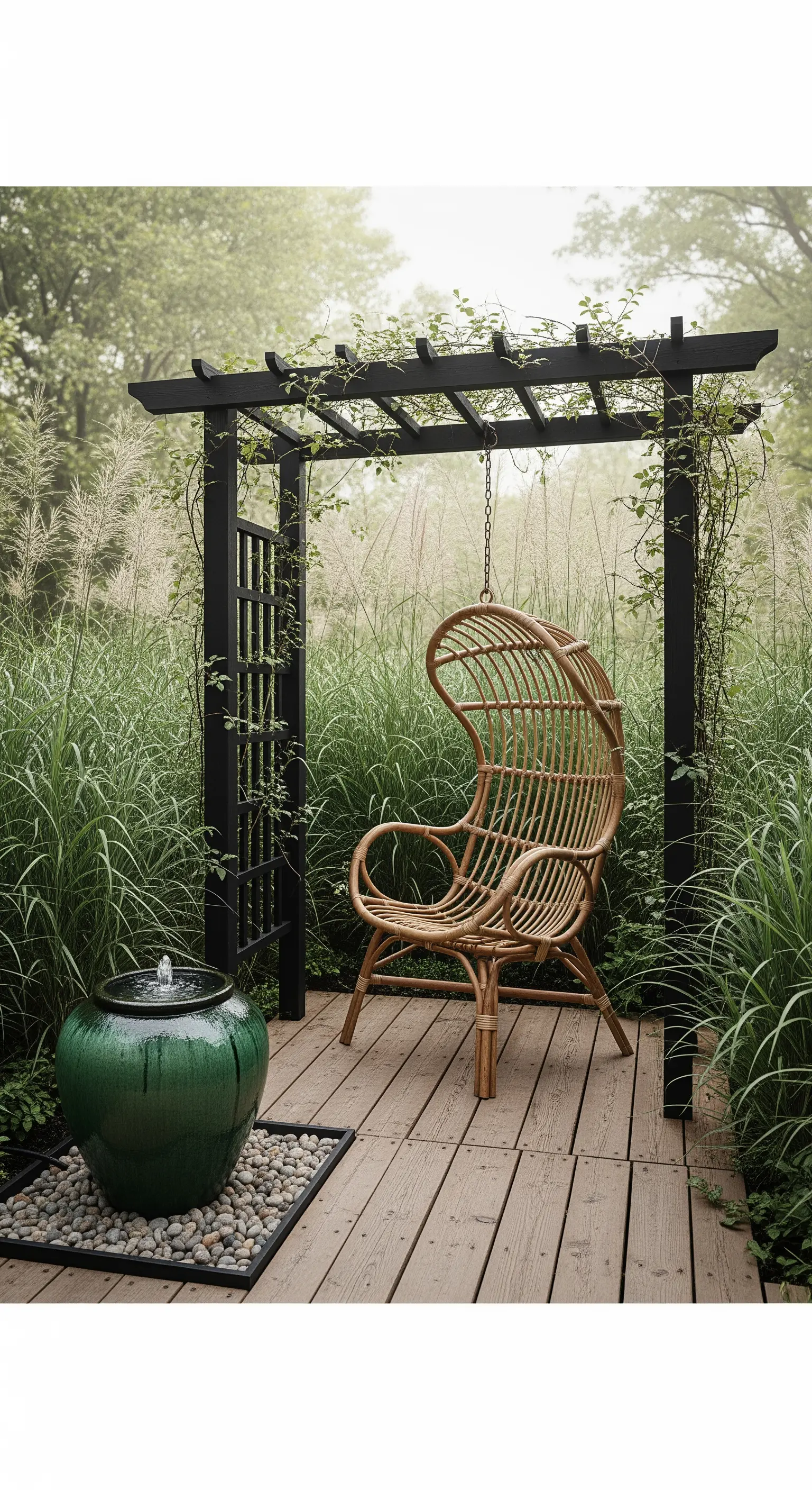Rattan-Hängesessel unter einer schwarzen Pergola neben einem grünen Keramikbrunnen in hohem Gras.