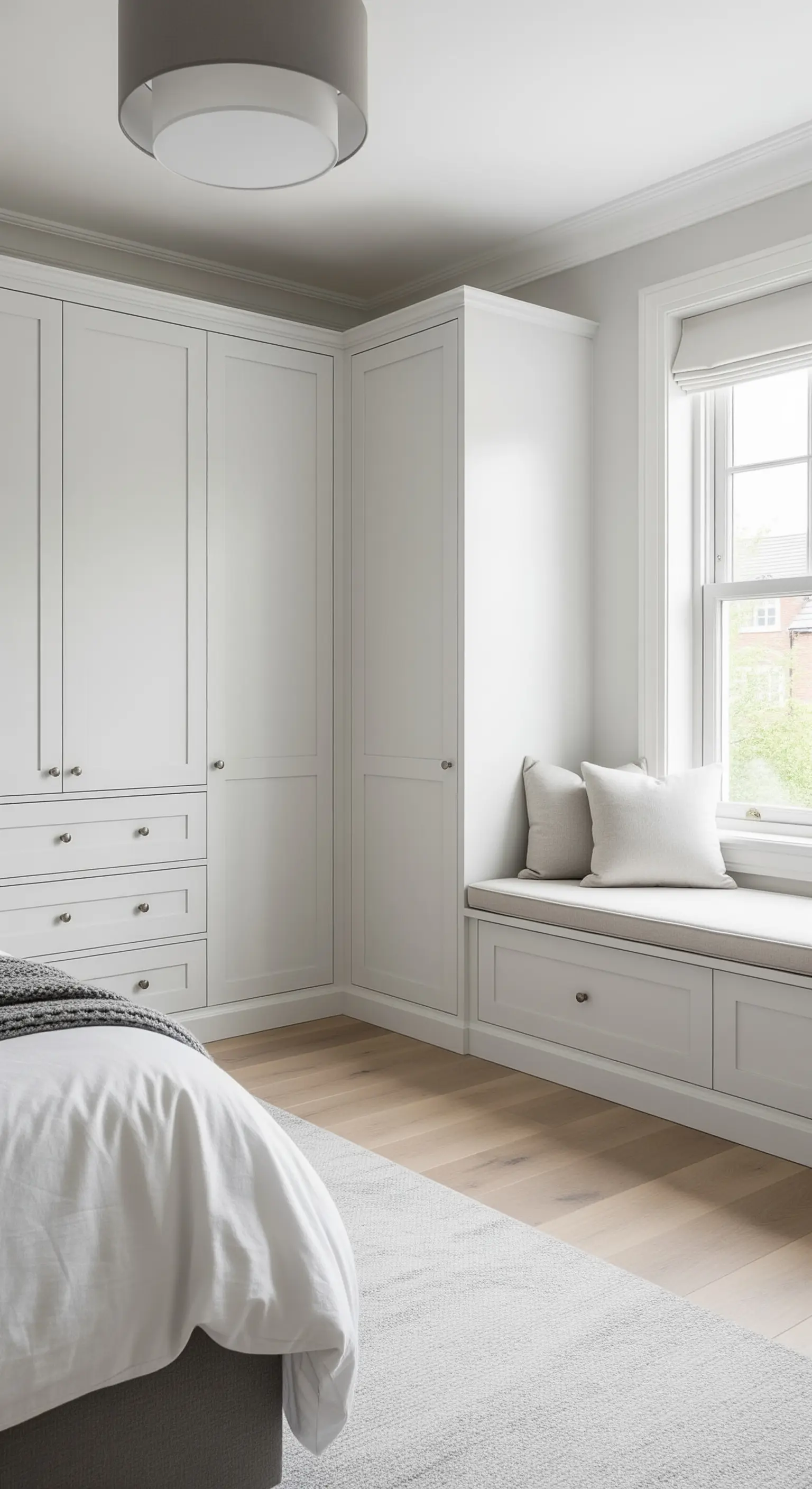 Heller Eck-Kleiderschrank, der nahtlos in eine Fensterbank mit Schubladen übergeht.