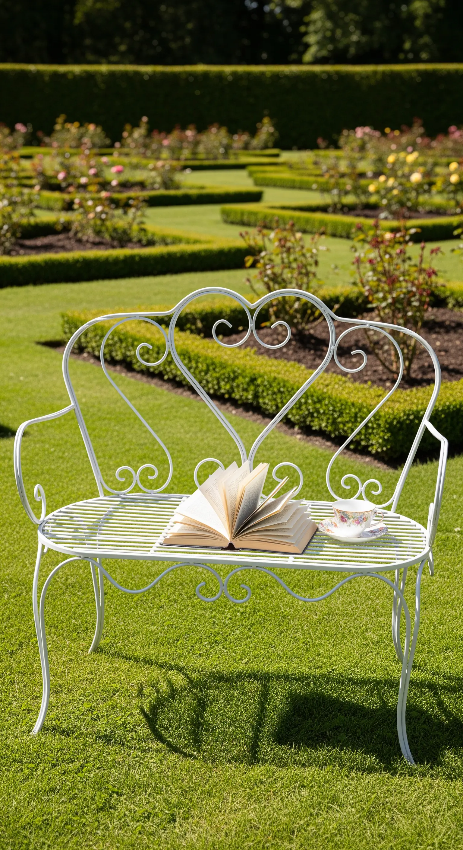 Verspielte weiße Metallbank mit einem offenen Buch und einer Teetasse auf einem grünen Rasen.