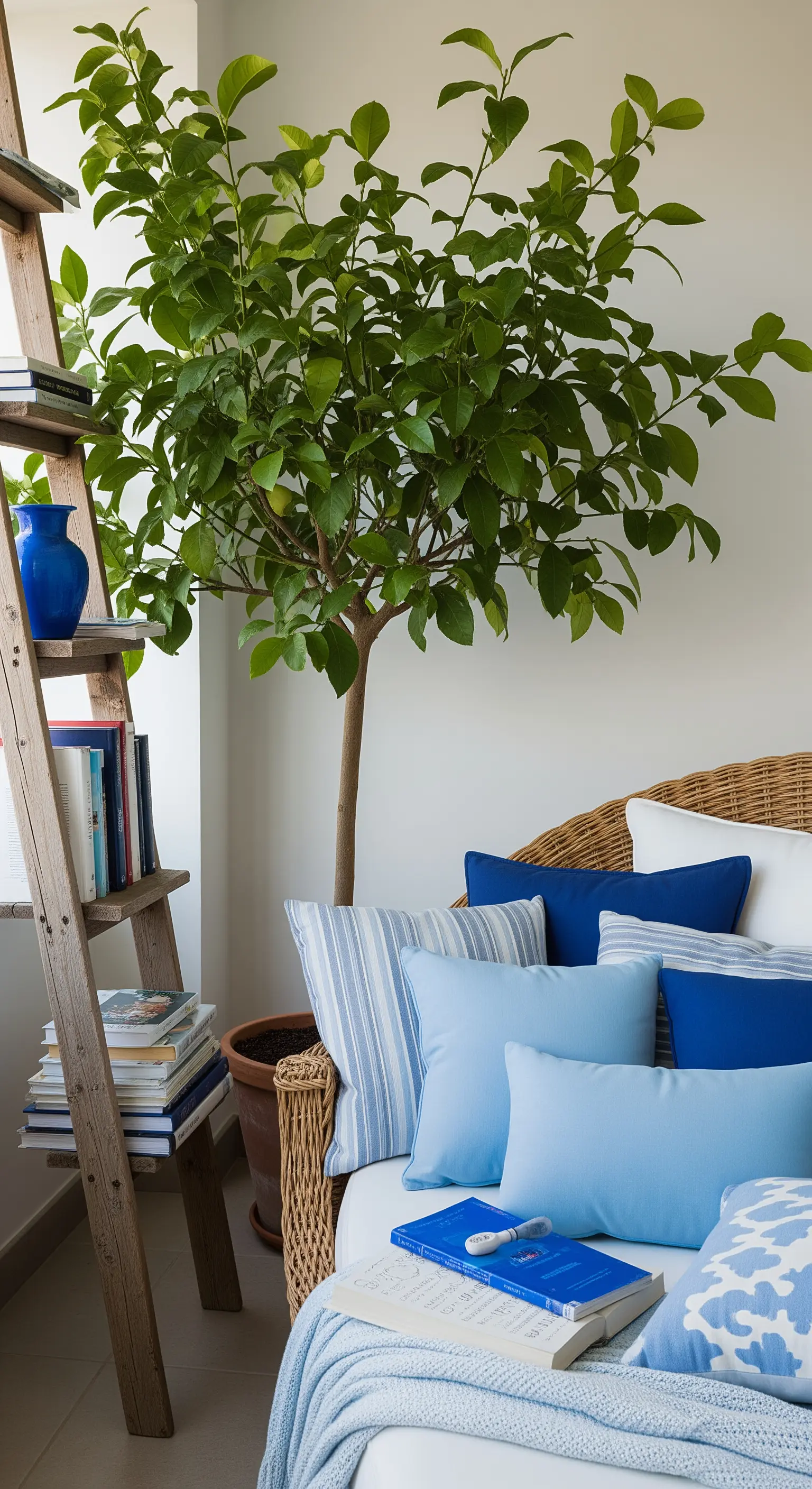 Gemütliche Balkonecke mit Rattansofa, vielen blauen Kissen und einer Holzleiter als Regal.