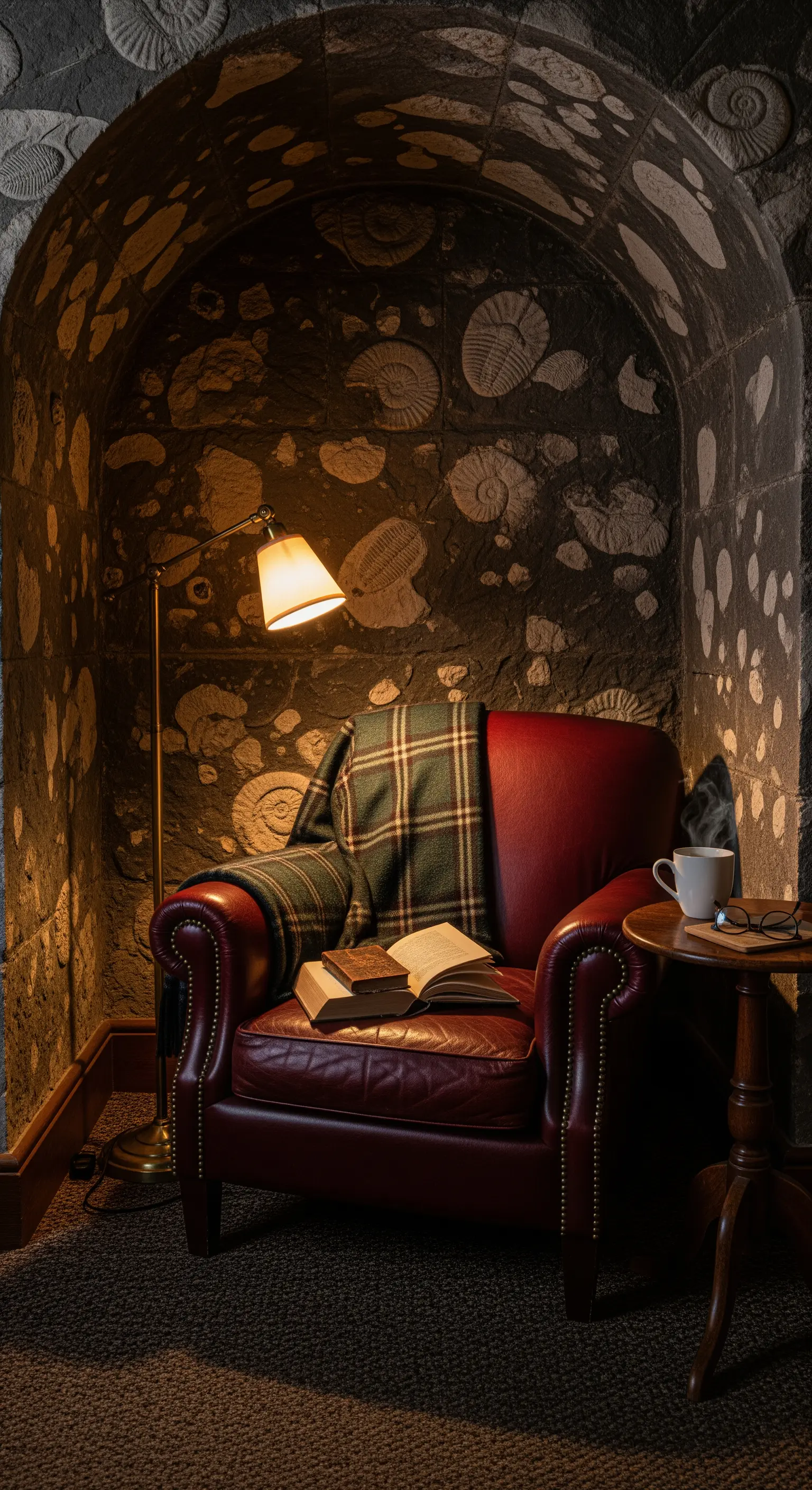 Gemütliche Leseecke in einer Nische mit rustikaler Steinwand und Ledersessel.