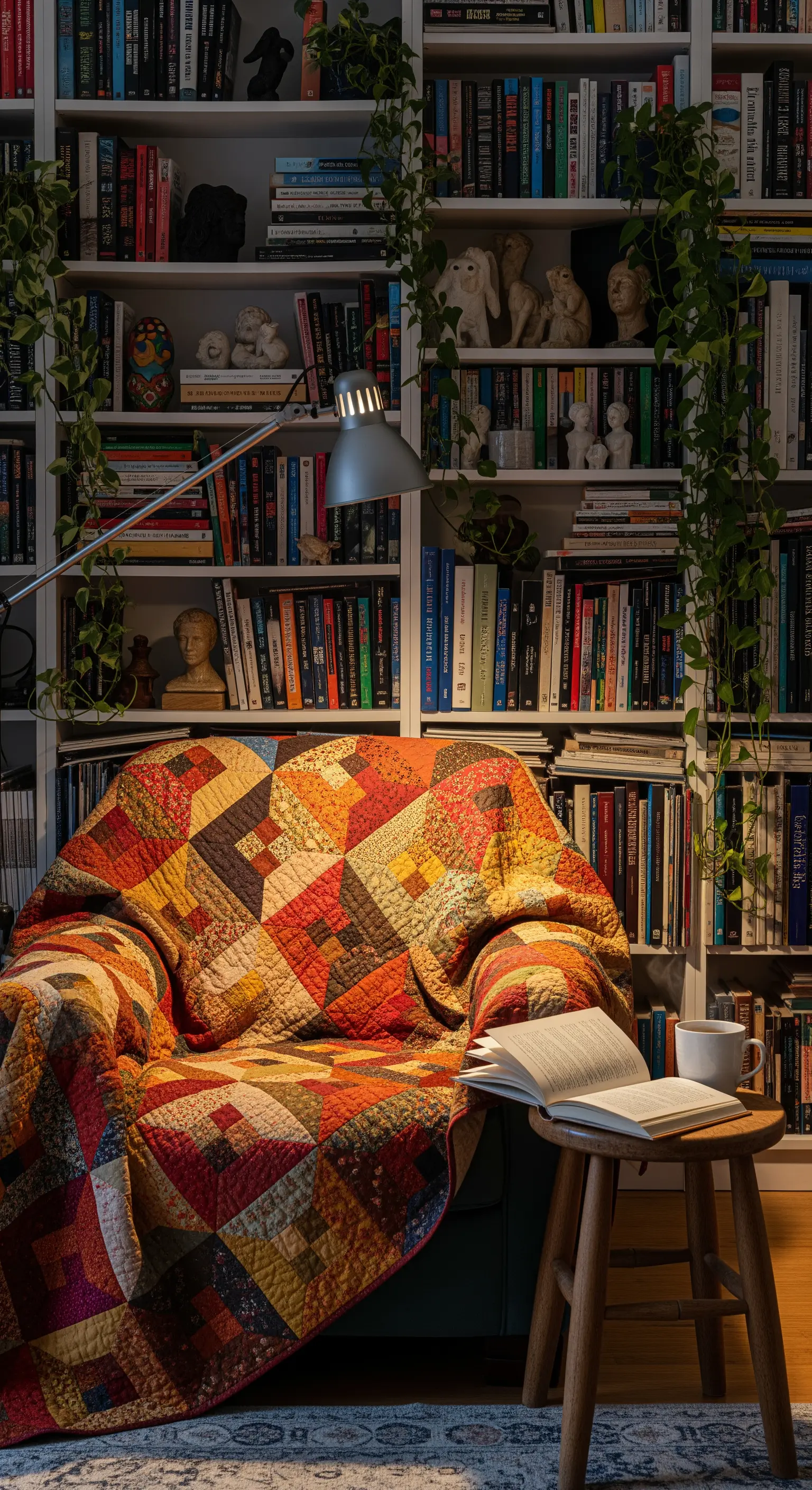 Gemütlicher Sessel mit Quiltdecke vor einem vollen Bücherregal.