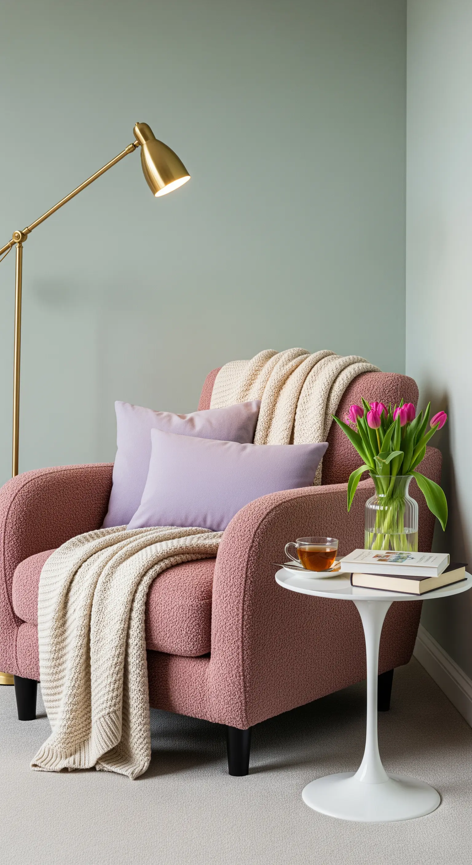 Rosa Sessel in einer gemütlichen Leseecke vor einer salbeigrünen Wand.