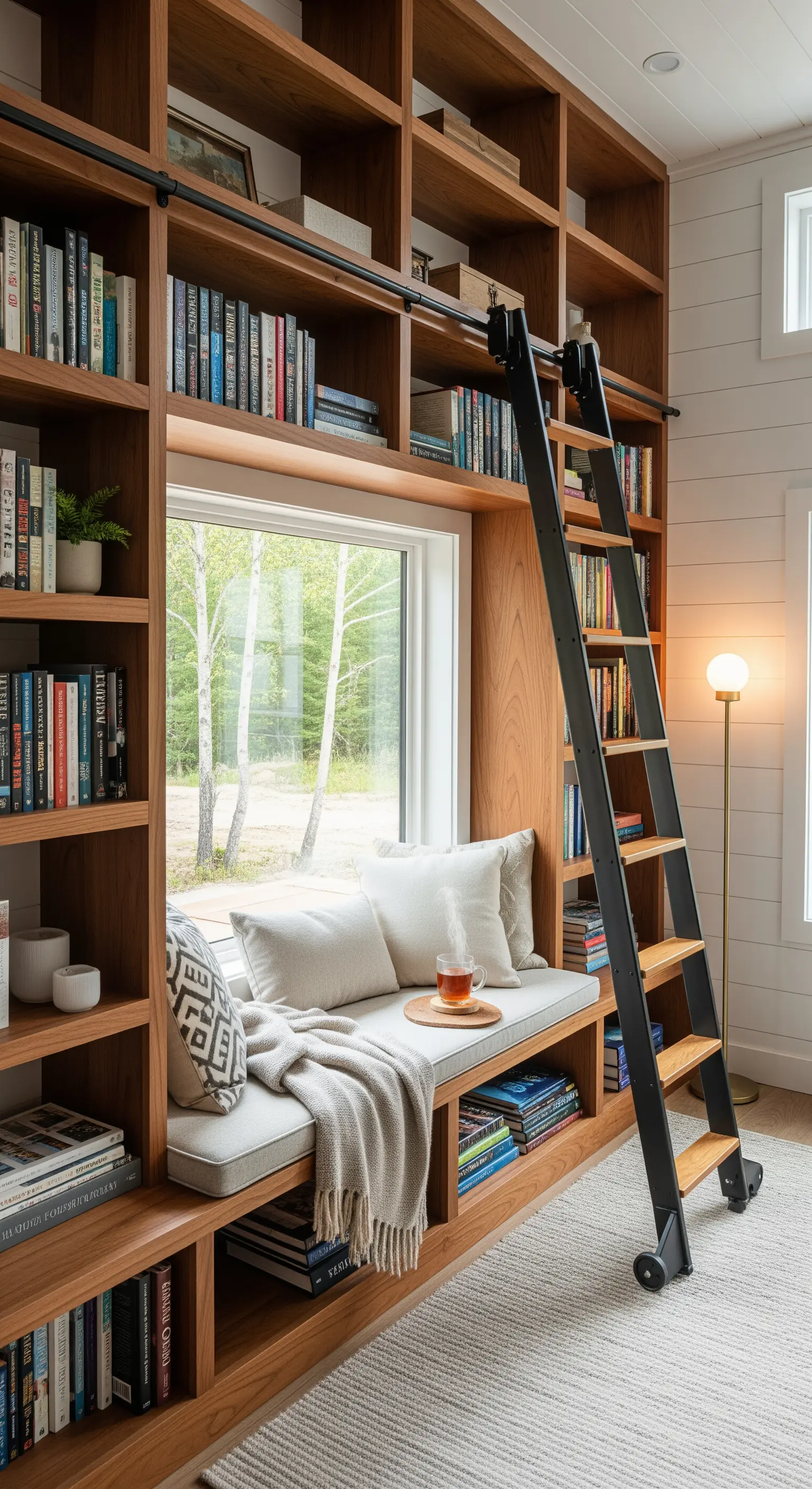 Raumhohe Bibliothek mit Fensterplatz und rollender Leiter aus schwarzem Metall.