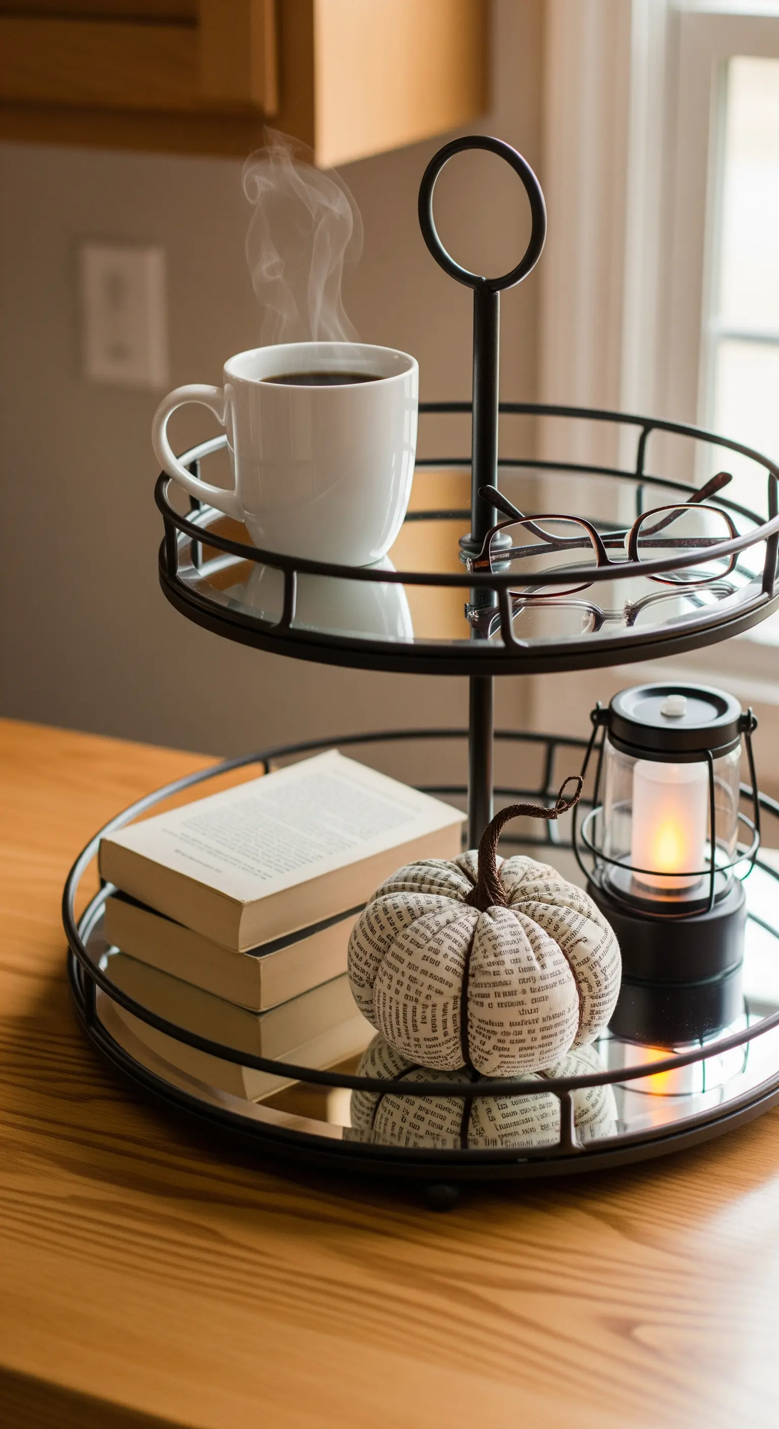 Schwarze Etagere mit Spiegelboden, Buch-Kürbis und Laterne