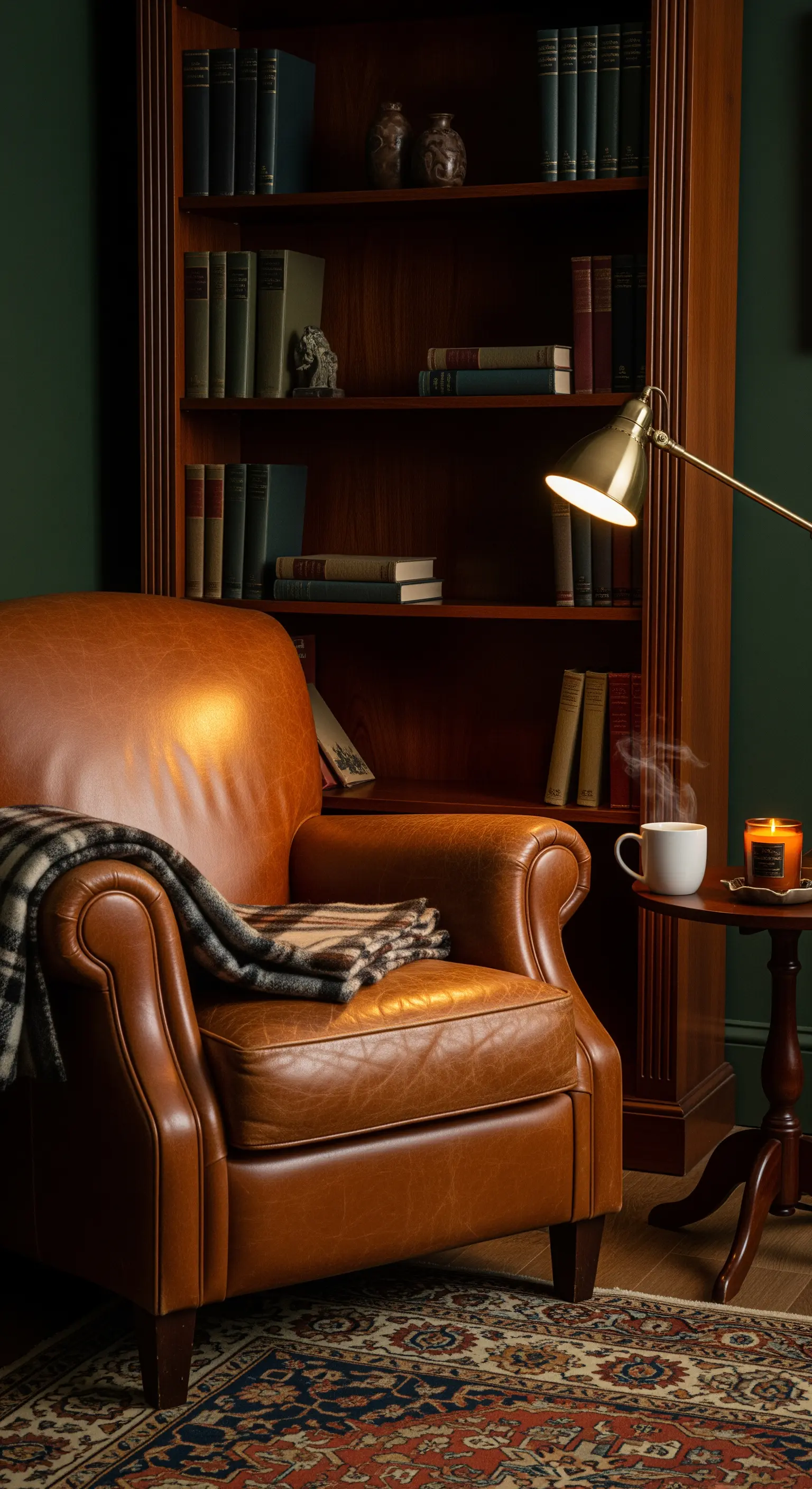 Gemütliche Leseecke mit Ledersessel, Plaiddecke, Büchern und warmem Getränk