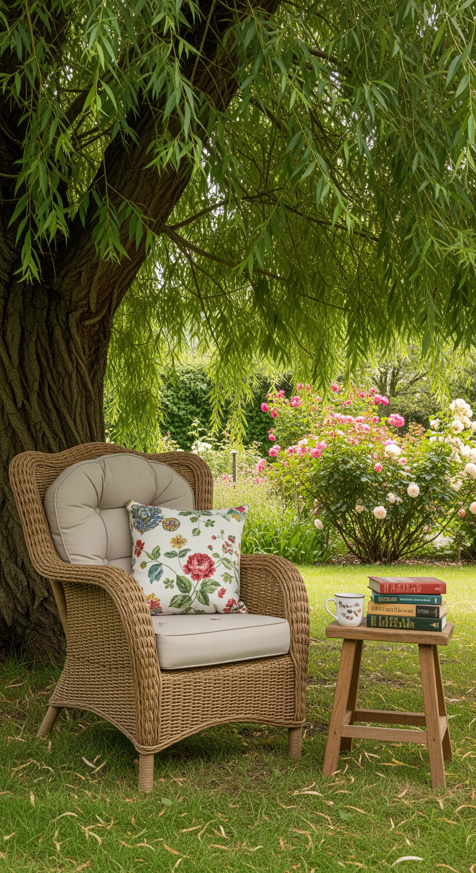Gemütlicher Korbsessel mit Kissen und Büchern unter einem großen Baum im Garten