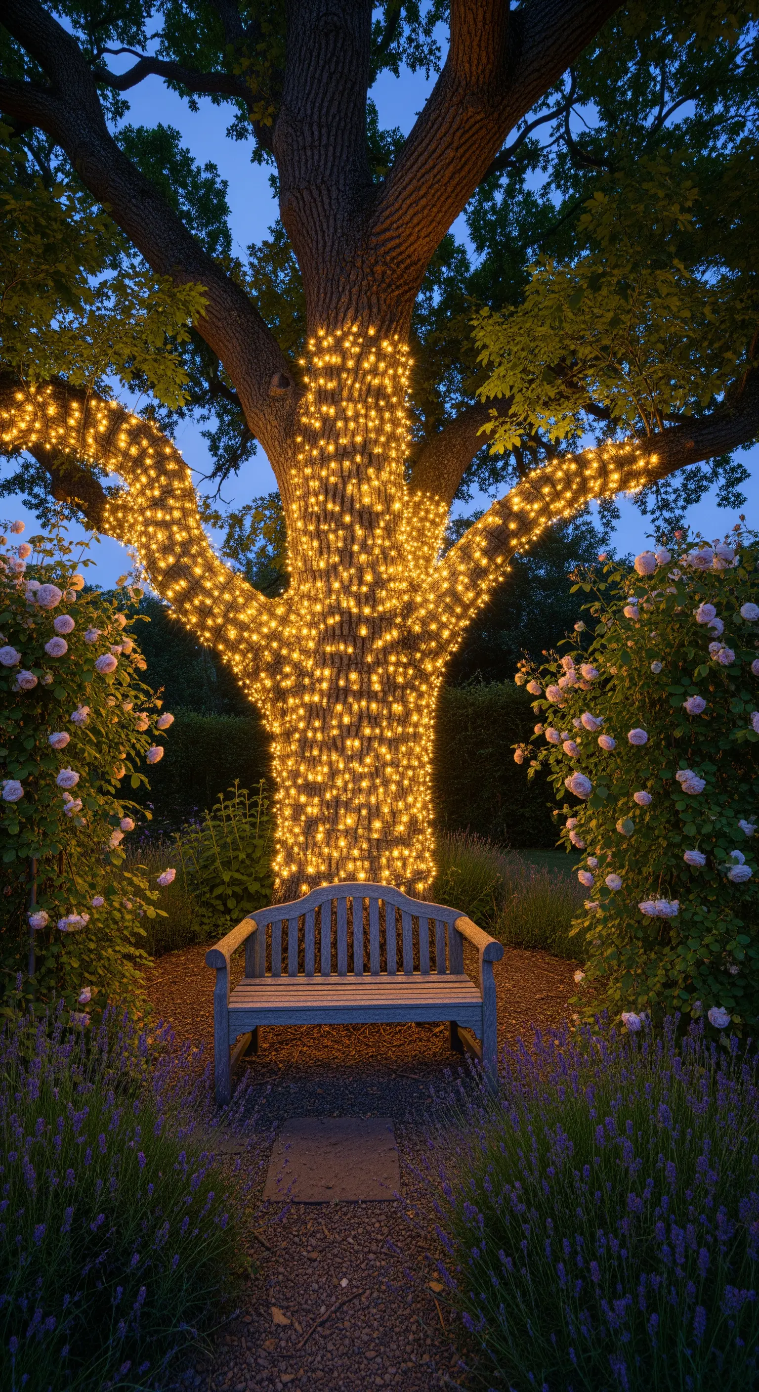 Ein alter Baum, dicht mit warmweißen Lichterketten umwickelt, als magischer Blickfang im Garten.