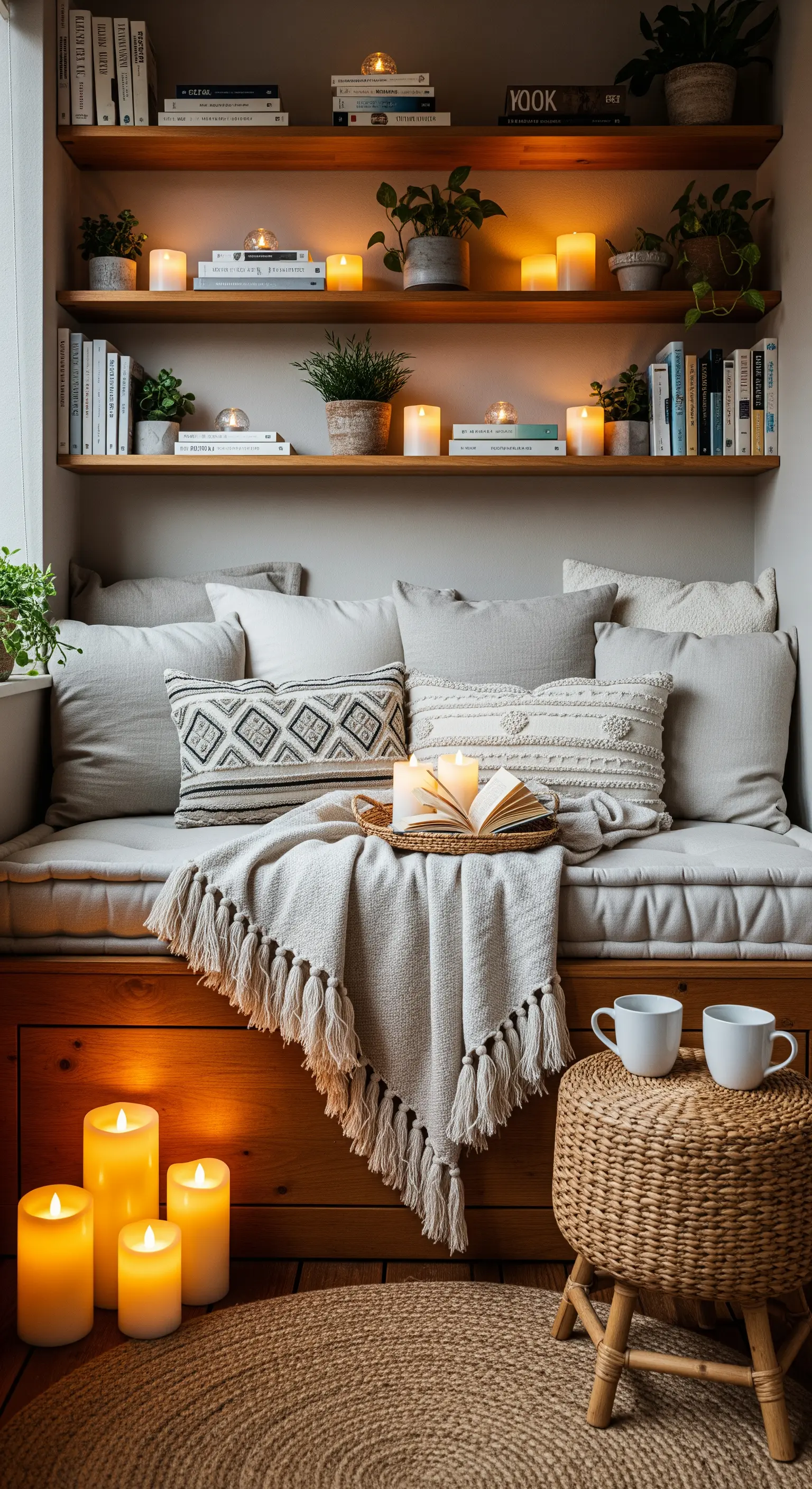 Gemütliche Leseecke mit Bank, Kissen und vielen Kerzen auf Regalen