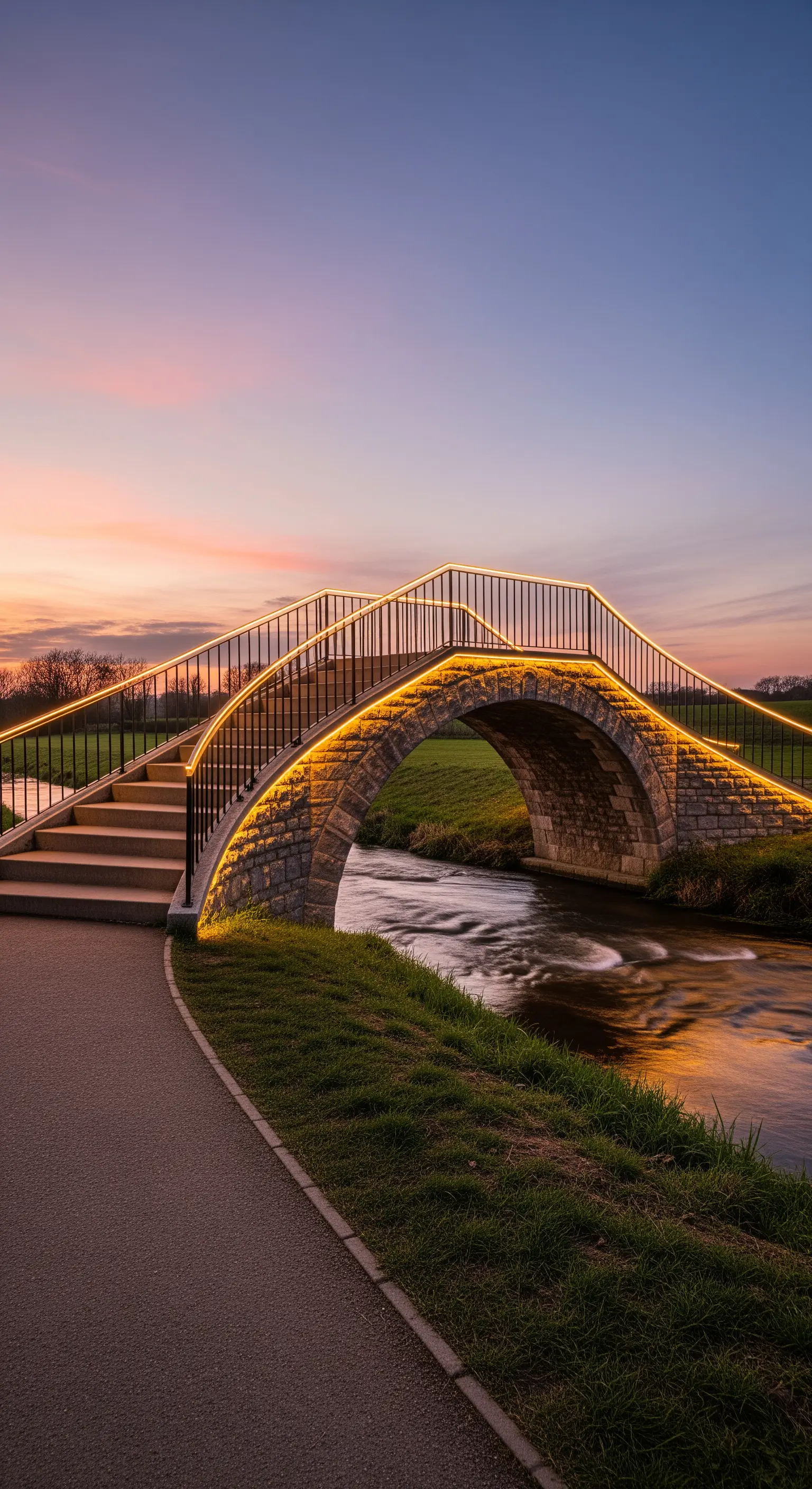Eine alte Steinbrücke, deren Handlauf mit einem durchgehenden LED-Band beleuchtet ist.