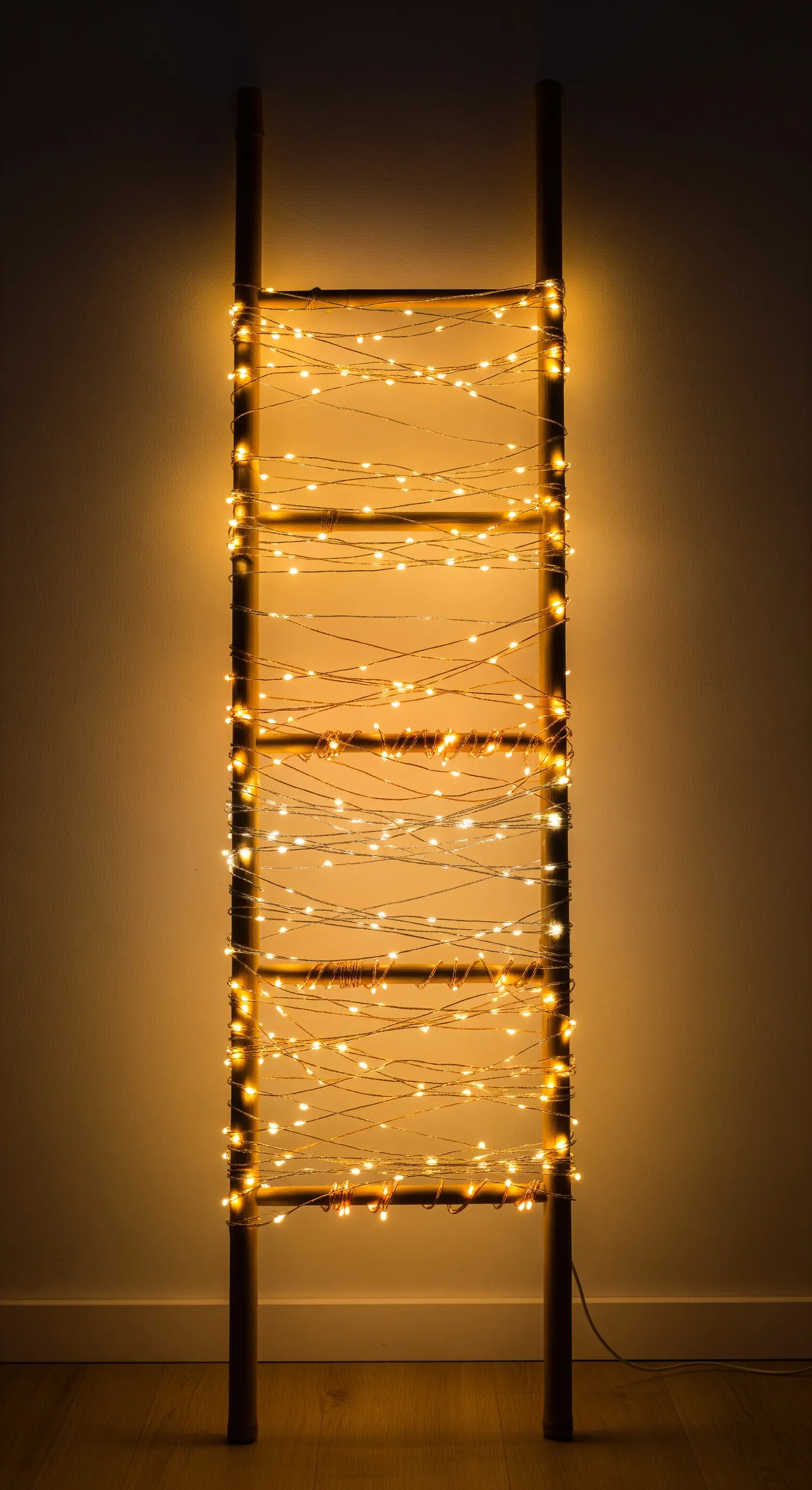 Eine Holzleiter, die dicht mit einer warmweißen Lichterkette umwickelt ist und an einer Wand lehnt.