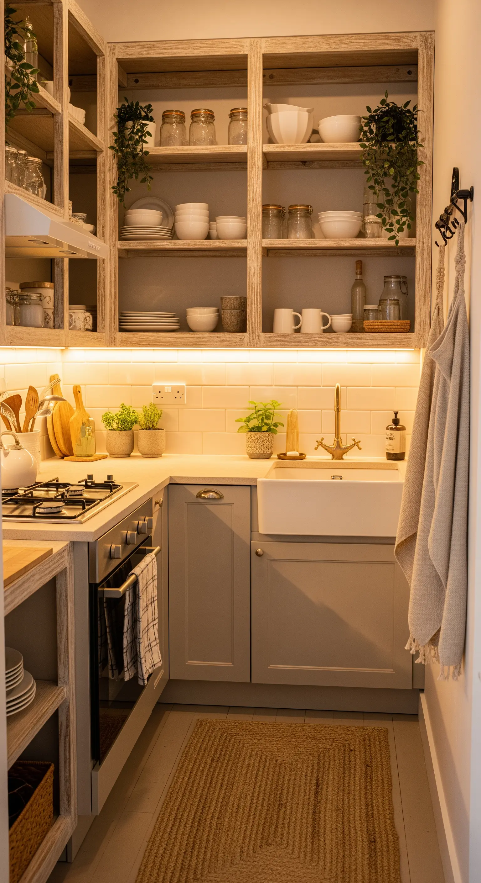 Kleine, helle Boho-Küche mit offenen Holzregalen und warmweißen LED-Unterbauleuchten.