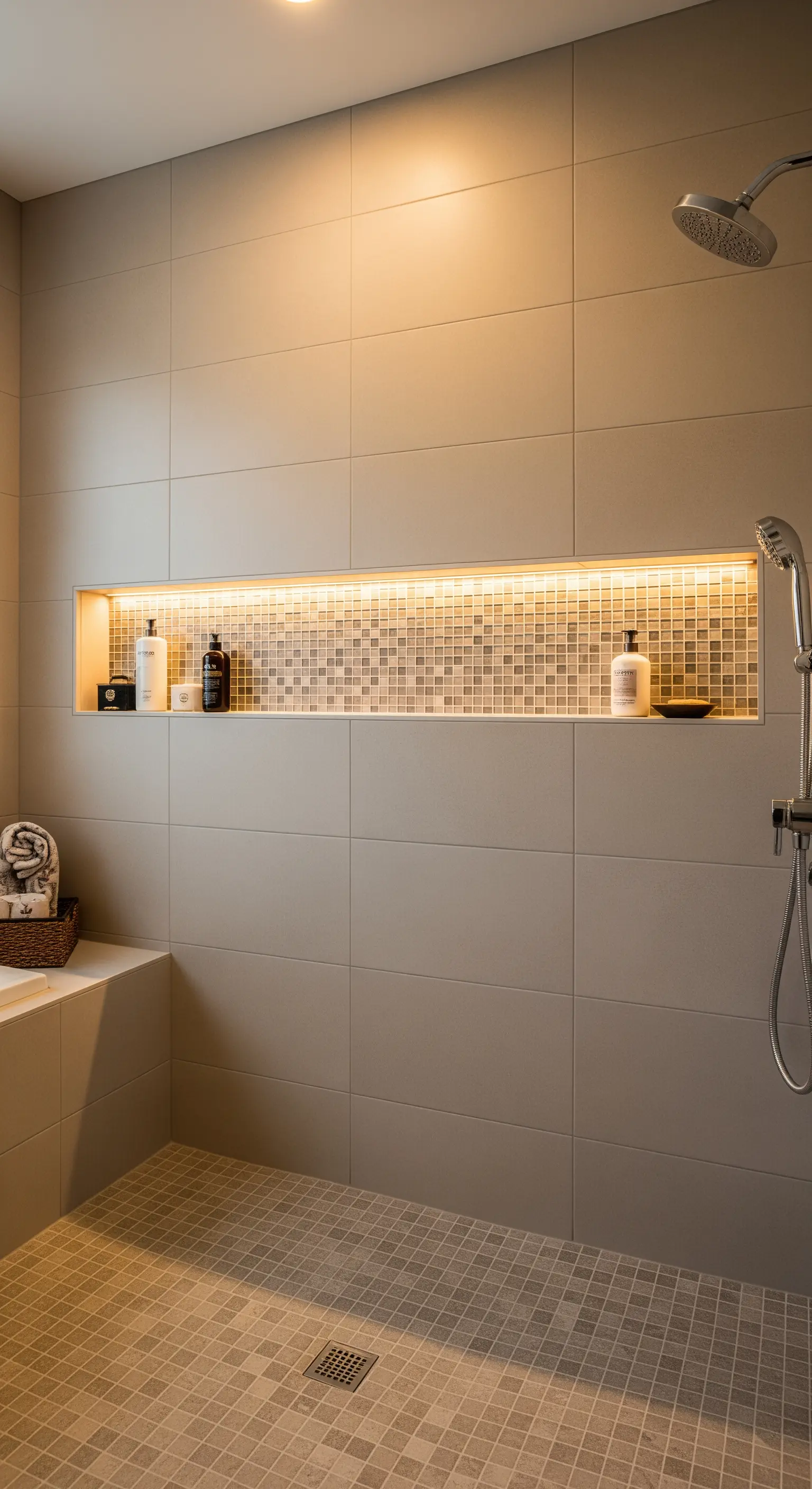 Beige geflieste Dusche mit einer langen, horizontalen Nische, die von innen beleuchtet ist