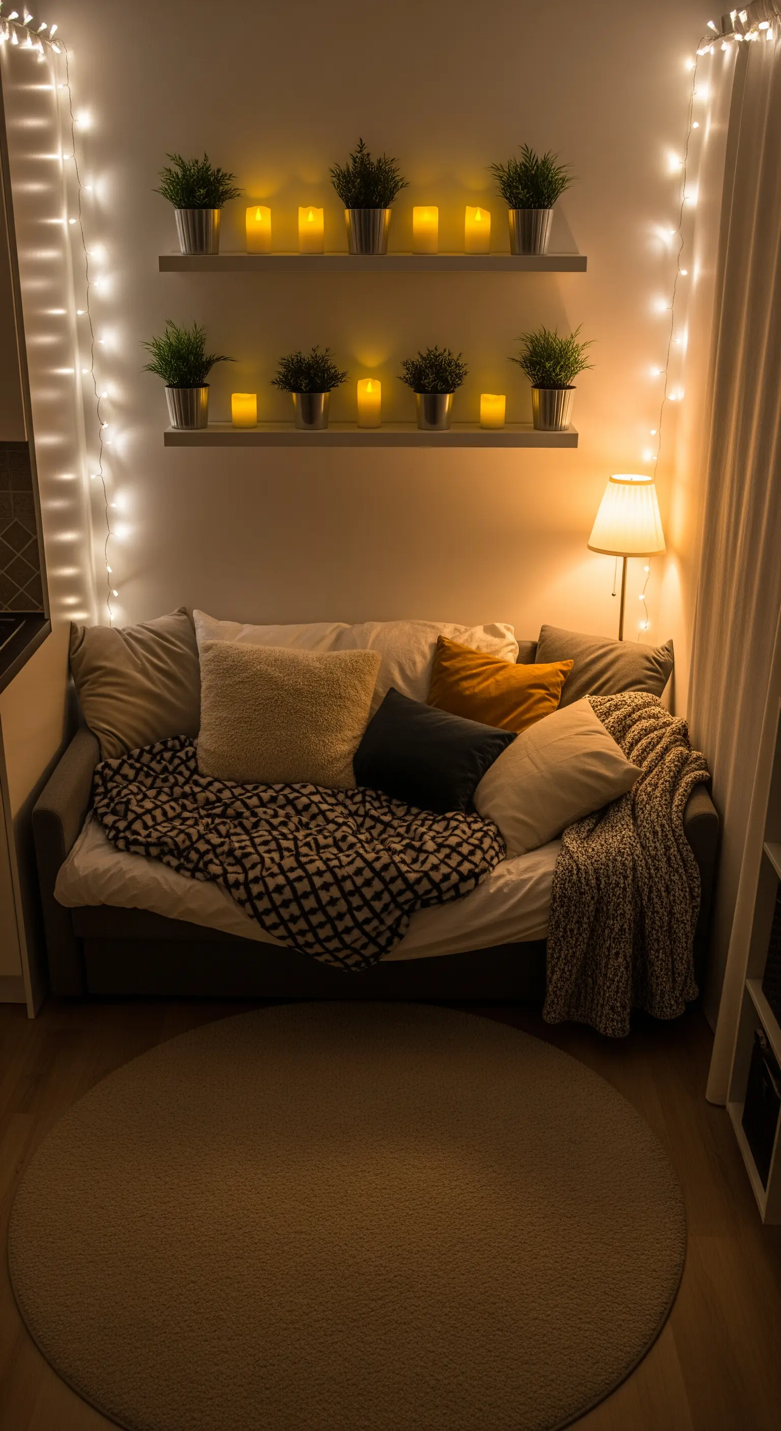 Eine kleine, gemütliche Sofaecke, die von Lichterketten eingerahmt und von beleuchteten Regalen überragt wird.