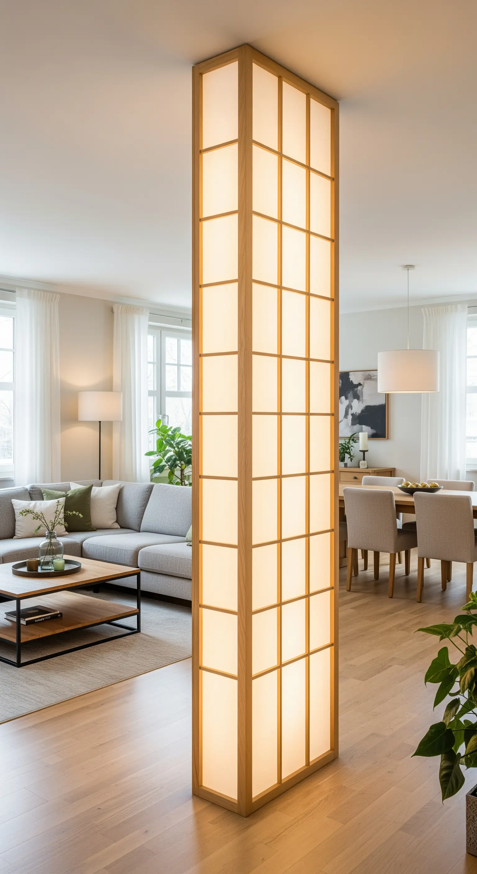 Eine hohe, leuchtende Säule im japanischen Stil steht als Raumteiler in einem modernen Wohnzimmer.