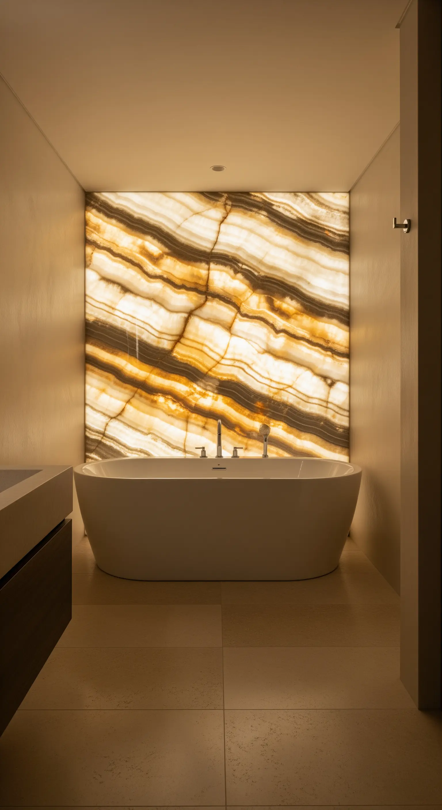 Luxuriöses Badezimmer mit einer großflächig hinterleuchteten Onyx-Wand hinter der Badewanne.