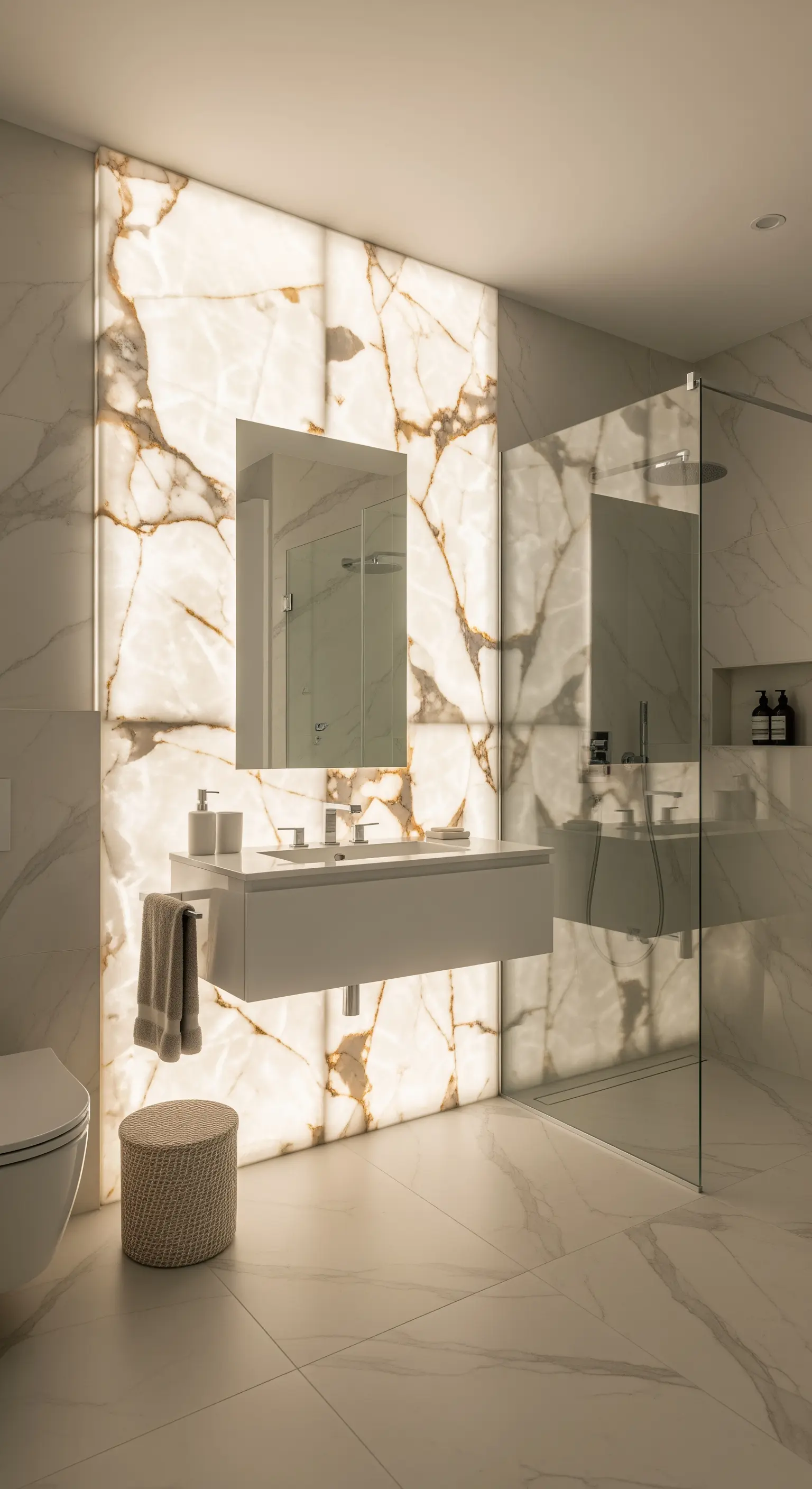 Modernes Badezimmer mit einer komplett hinterleuchteten Marmorwand hinter dem Waschbecken.