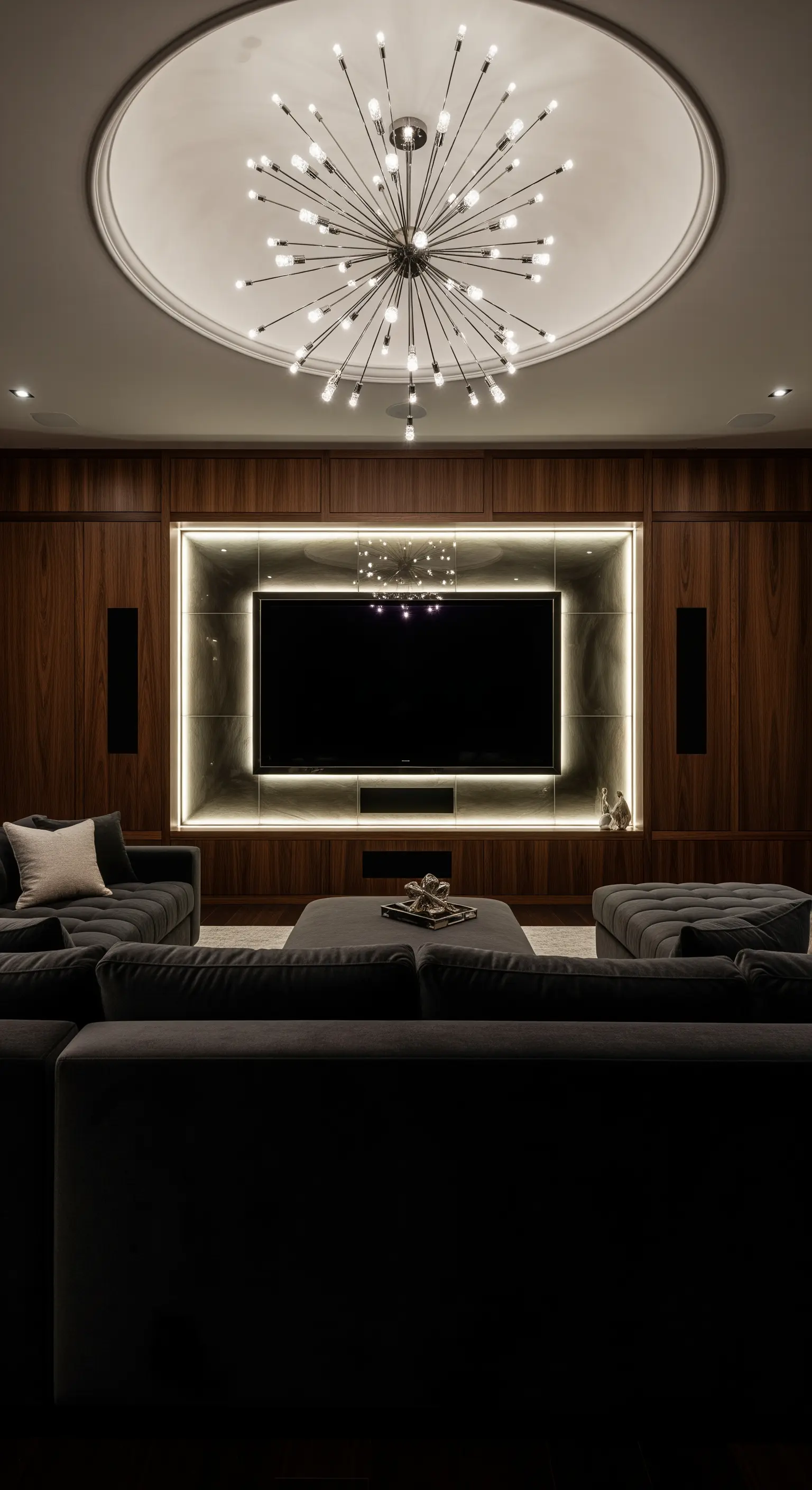 Medienwand aus Holz mit indirekt beleuchtetem Rahmen um den Fernseher und einer Sputnik-Lampe.