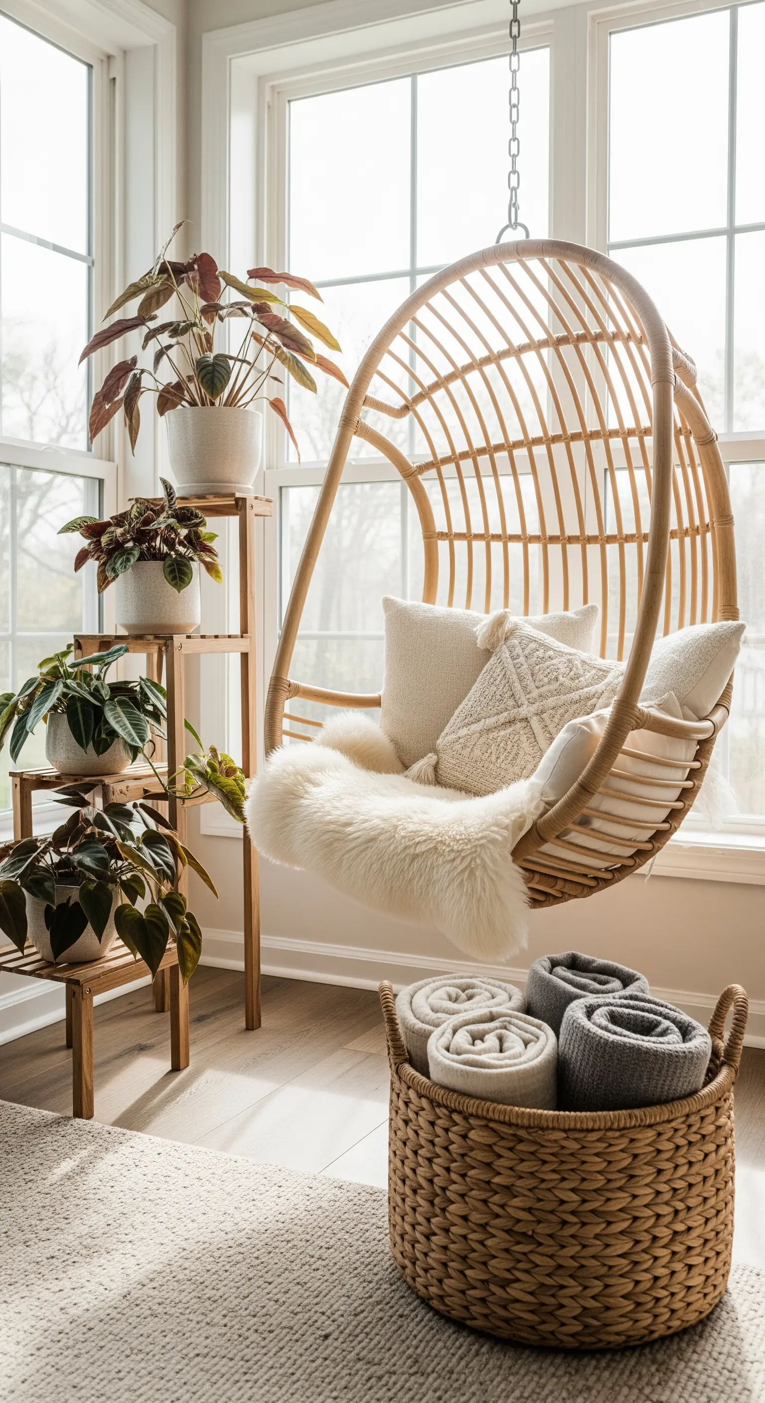 Hängesessel aus Rattan in einer hellen Ecke mit Kissen und Decken.