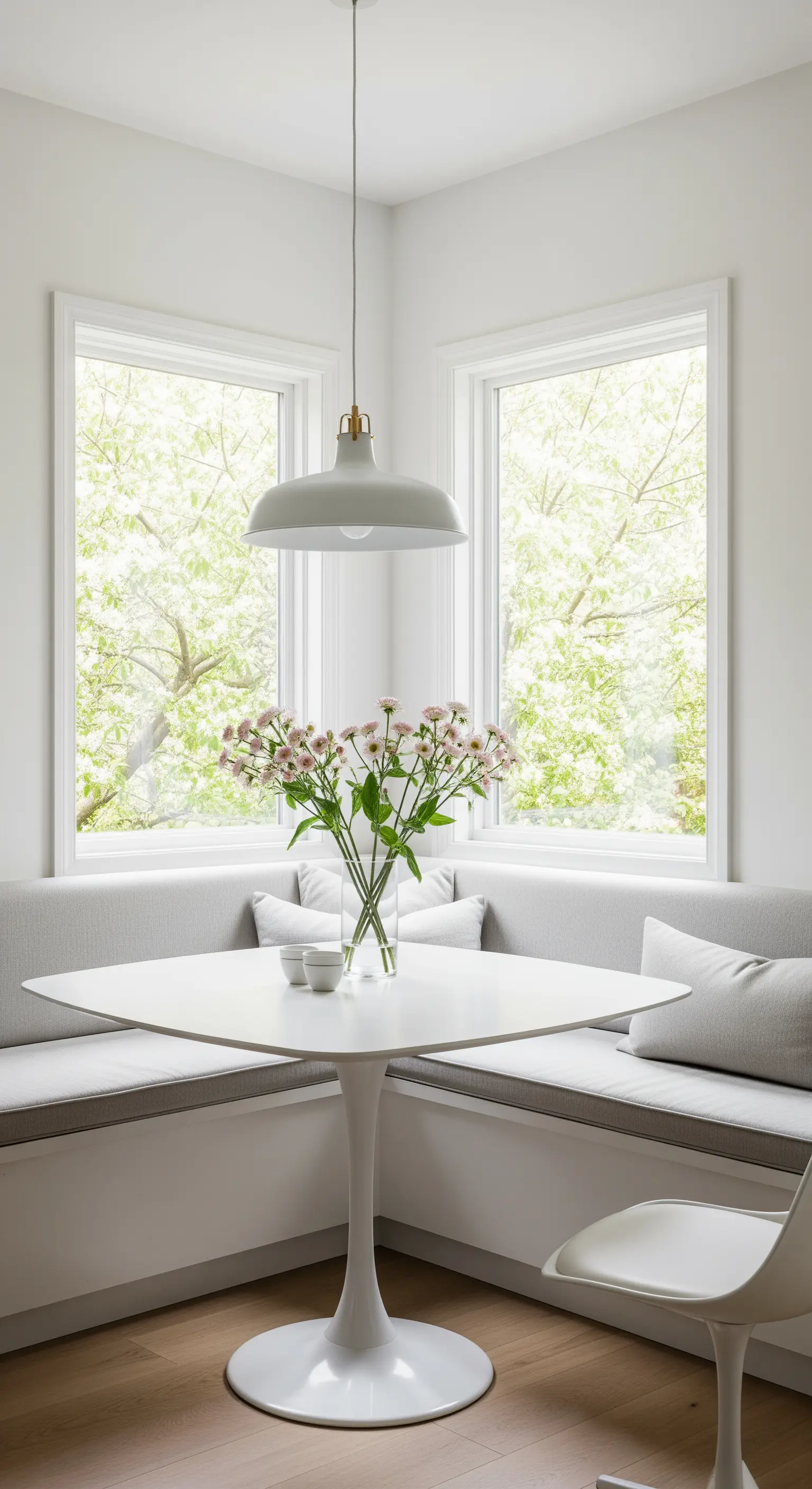 Helle Frühstücksecke mit einer weißen Eckbank unter zwei Fenstern und einem Tulpen-Tisch.