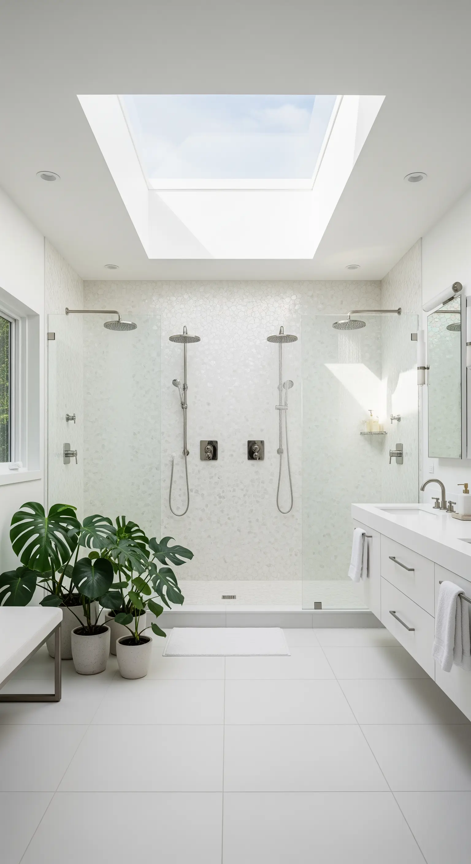 Weißes Badezimmer mit doppelter Regendusche unter einem großen Dachfenster