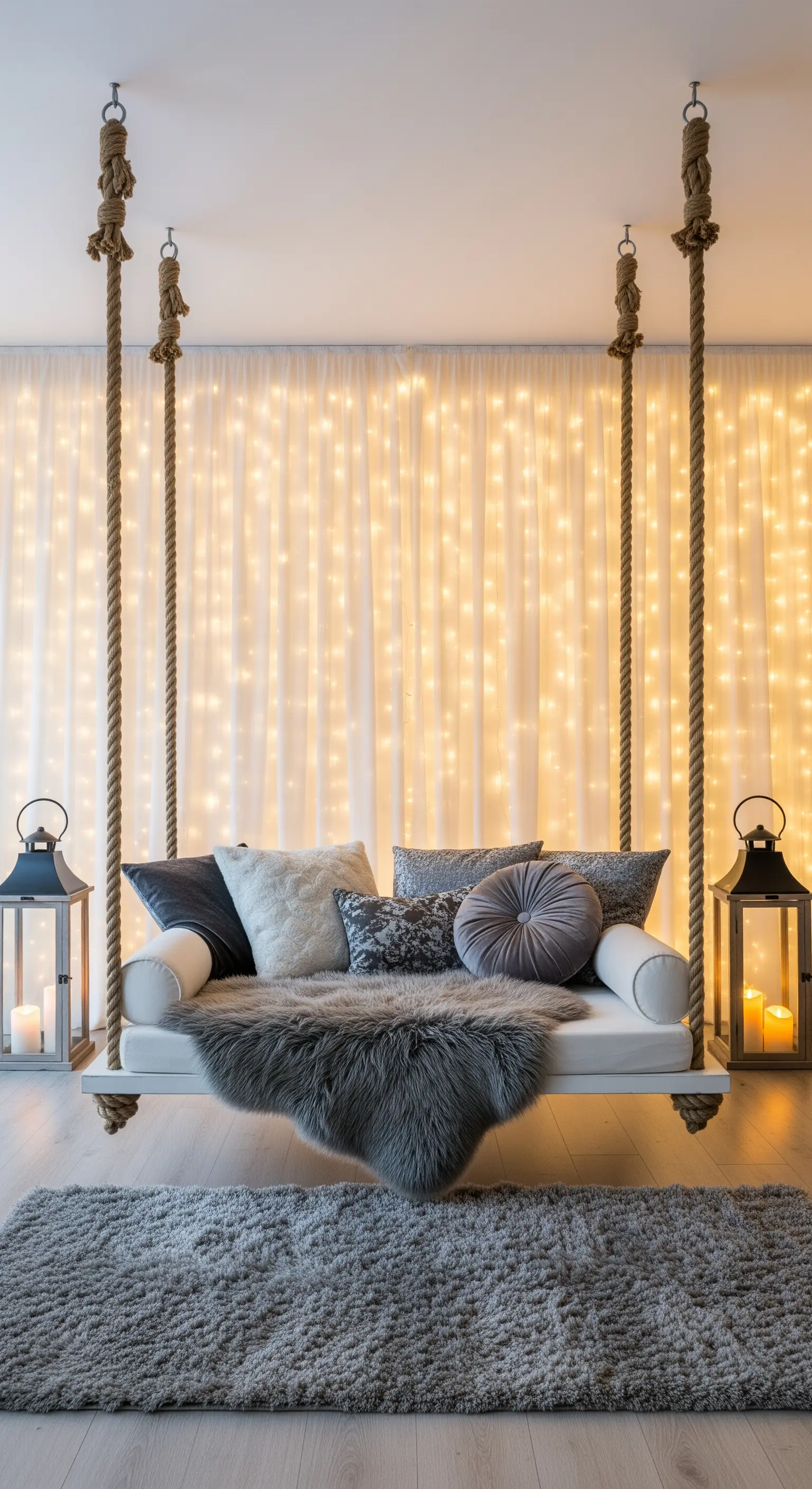 Innen-Schaukel vor einem Vorhang aus Lichterketten und Stoff