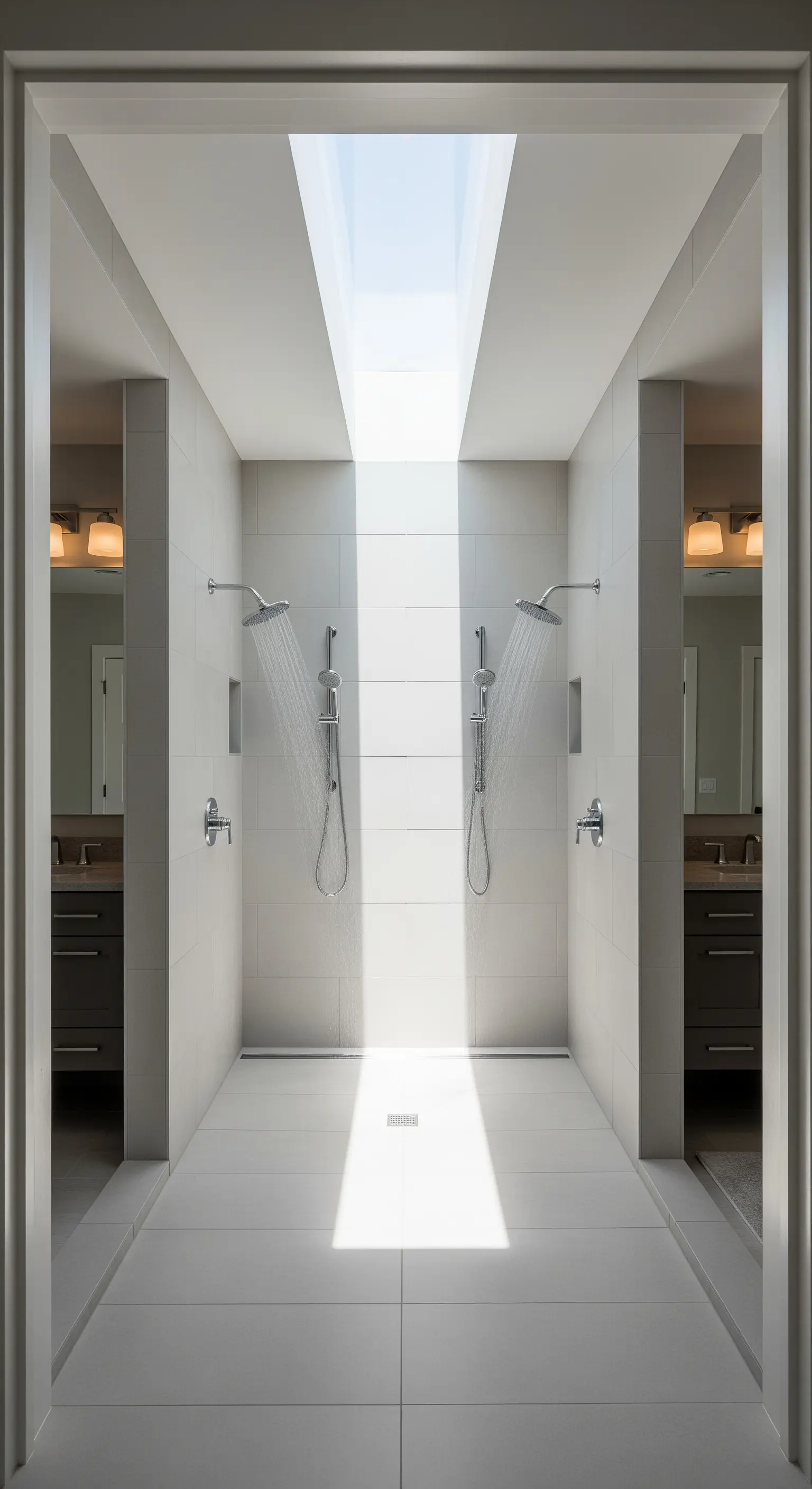 Symmetrische Walk-in-Doppeldusche, die von einem langen Dachfenster beleuchtet wird.