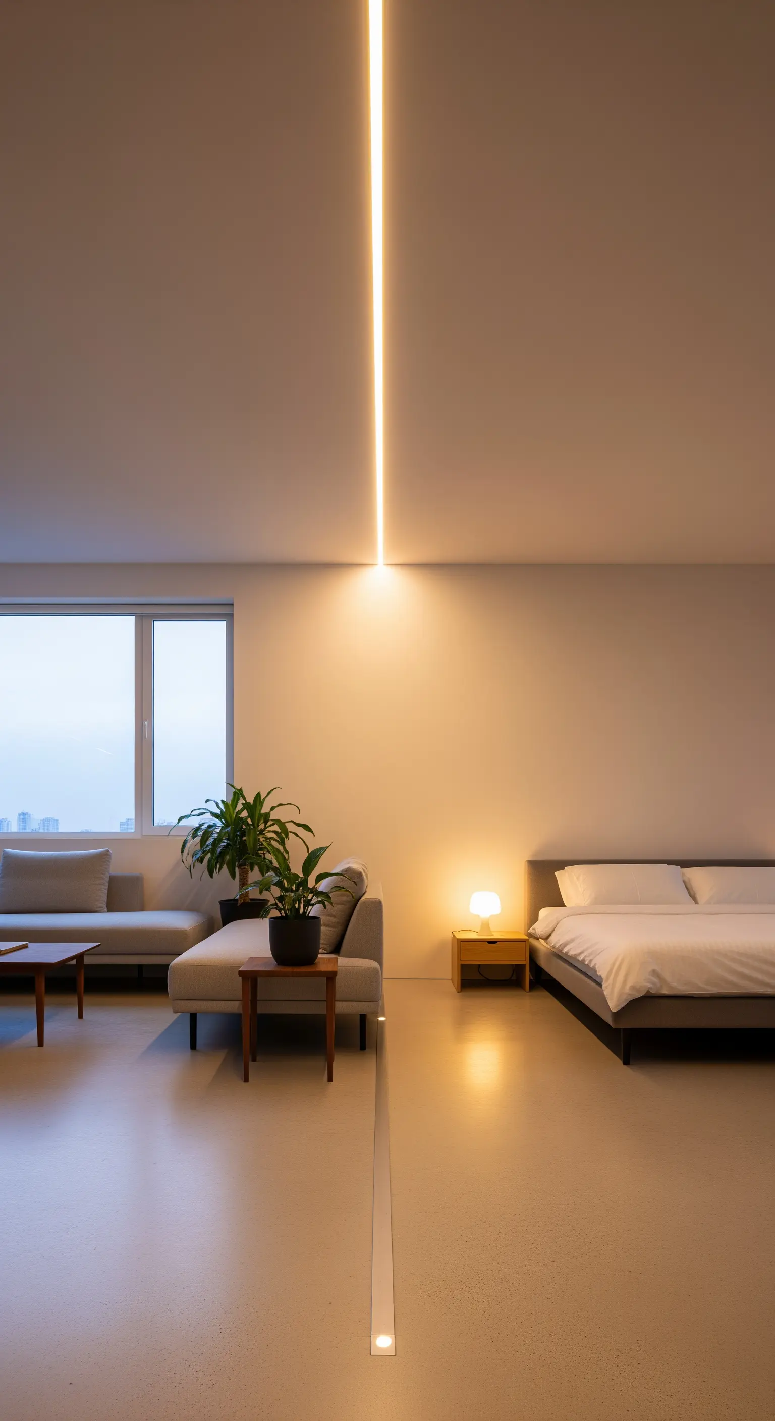 Eine durchgehende LED-Lichtlinie in Decke und Boden trennt Wohn- und Schlafbereich