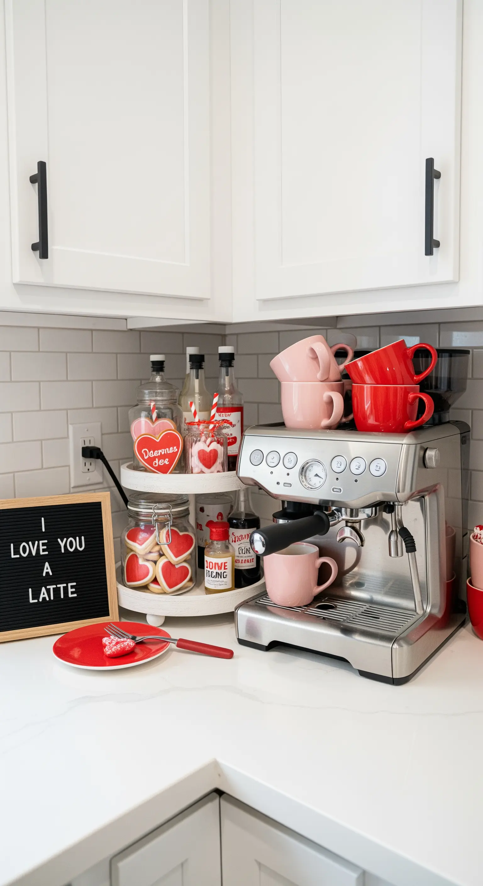 Kaffeebar in der Küche mit Etagere, roten und rosa Tassen und herzförmigen Keksen.
