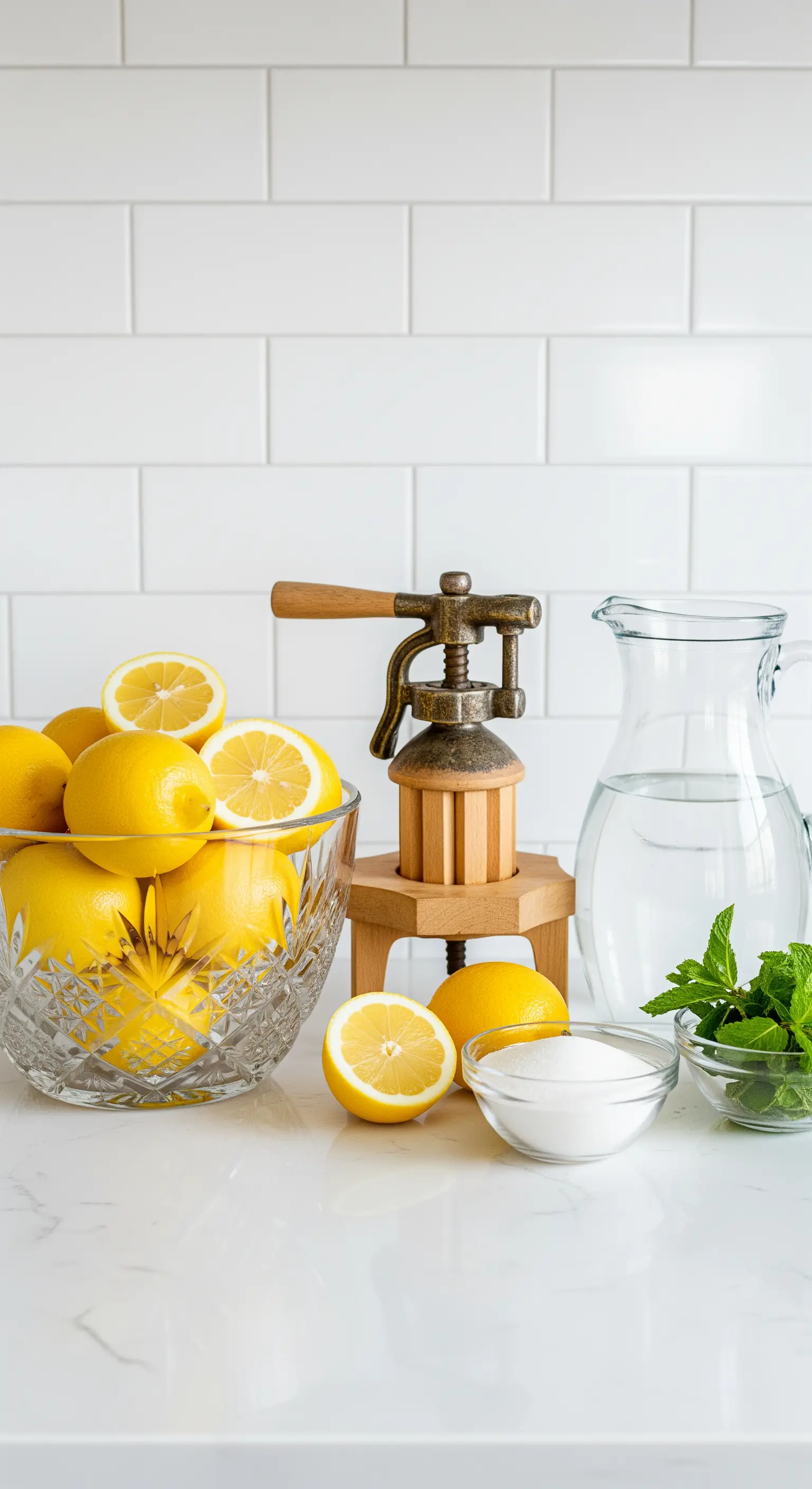Eine Kristallschale mit Zitronen, eine Vintage-Zitruspresse und Zutaten für Limonade auf einer Theke.