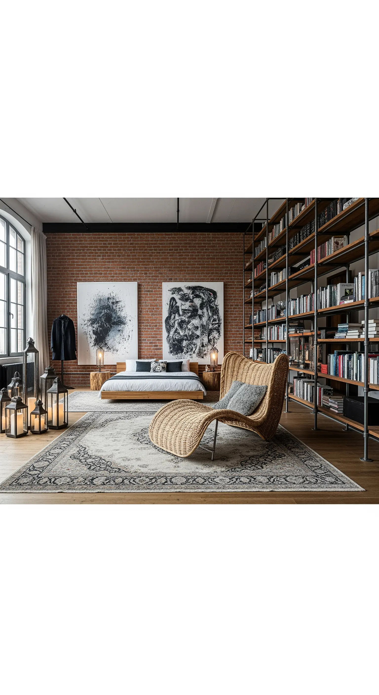 Großes Loft-Schlafzimmer mit Ziegelwand, riesigem Bücherregal und einer Rattan-Liege.