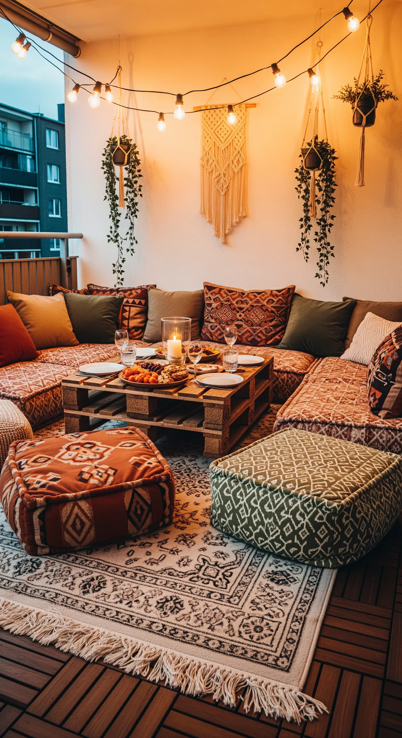 Gemütliche Boho-Lounge mit Palettensofa, vielen Kissen und Lichterketten
