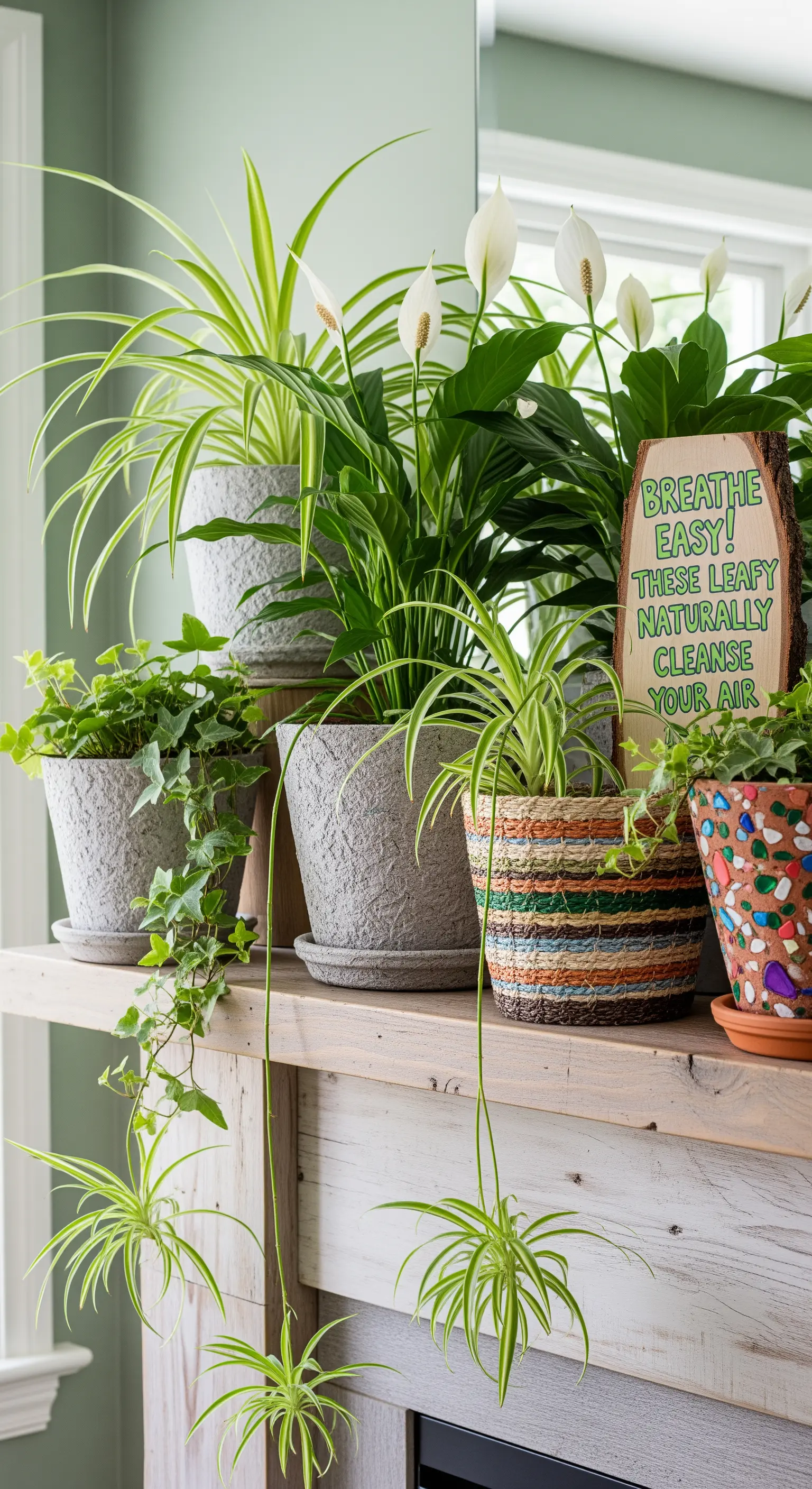 Eine Gruppe luftreinigender Pflanzen wie Grünlilien und Friedenslilien auf einem rustikalen Holzkamin