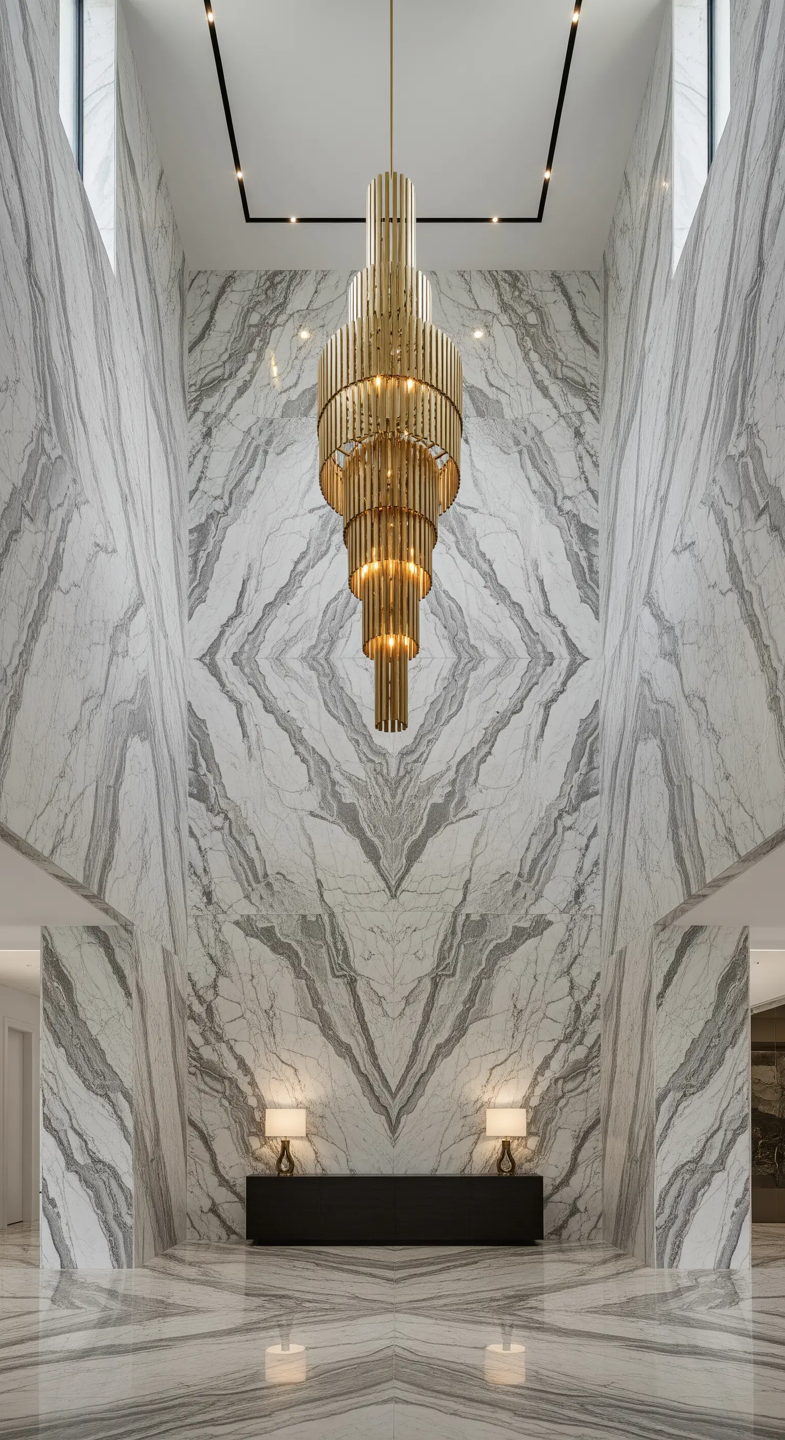 Symmetrische Marmorwand in einem hohen Eingangsbereich mit goldenem Kronleuchter.
