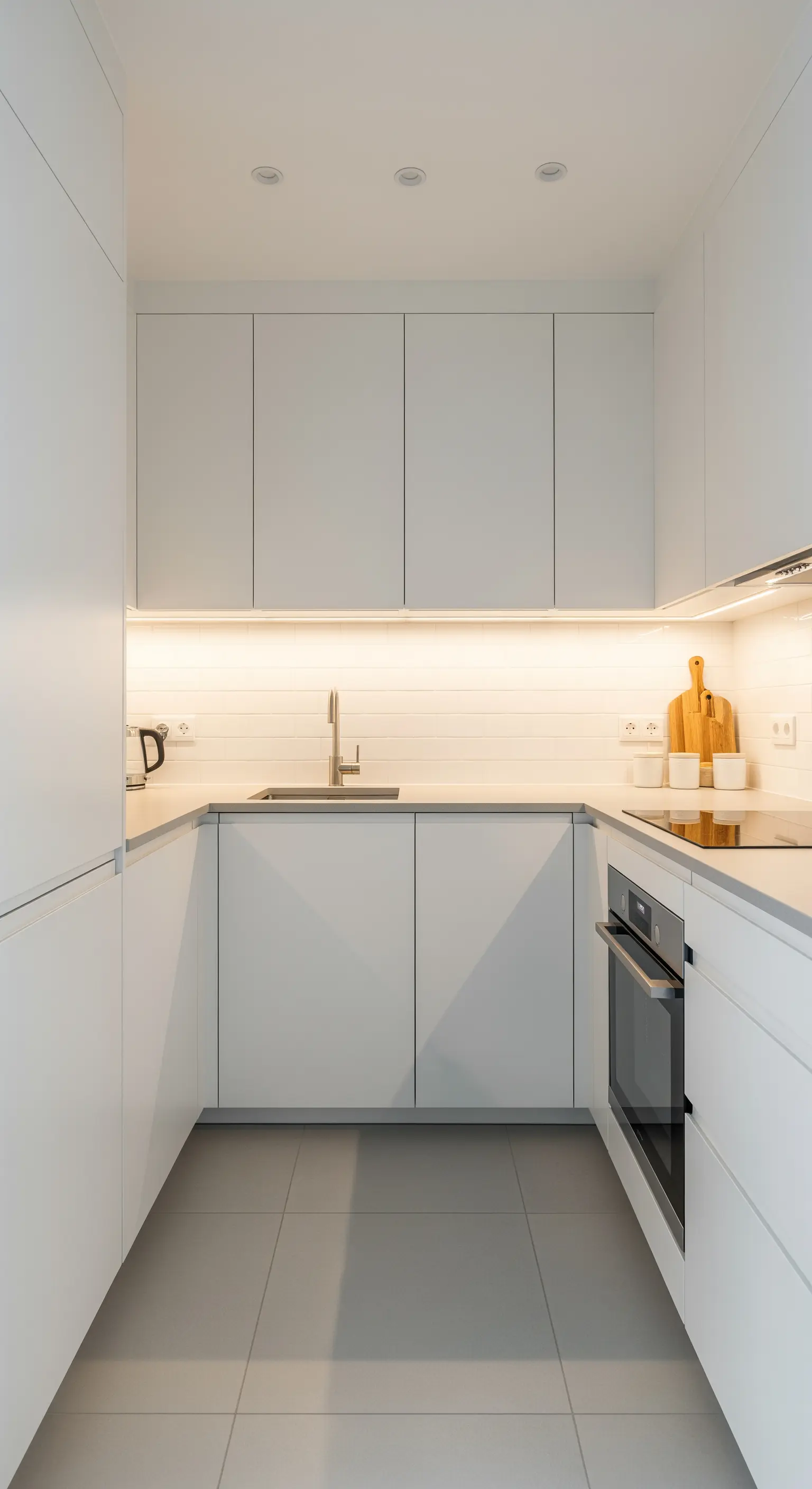 Grifflose weiße Küchenfronten und LED-Leiste in einer kleinen, aufgeräumten U-Küche.