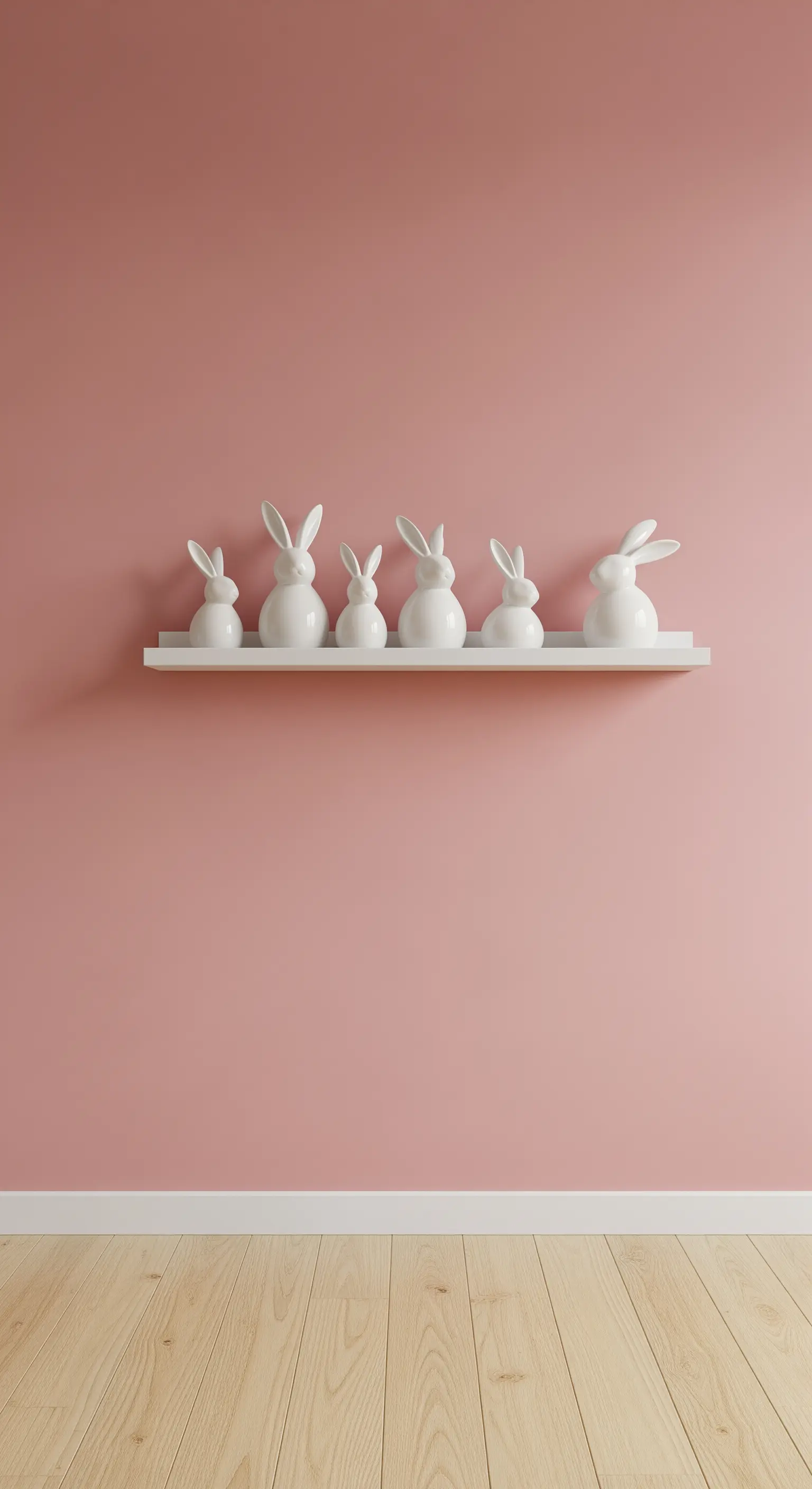 Eine Reihe weißer Porzellanhasen auf einem schwebenden Regal vor einer rosa Wand.
