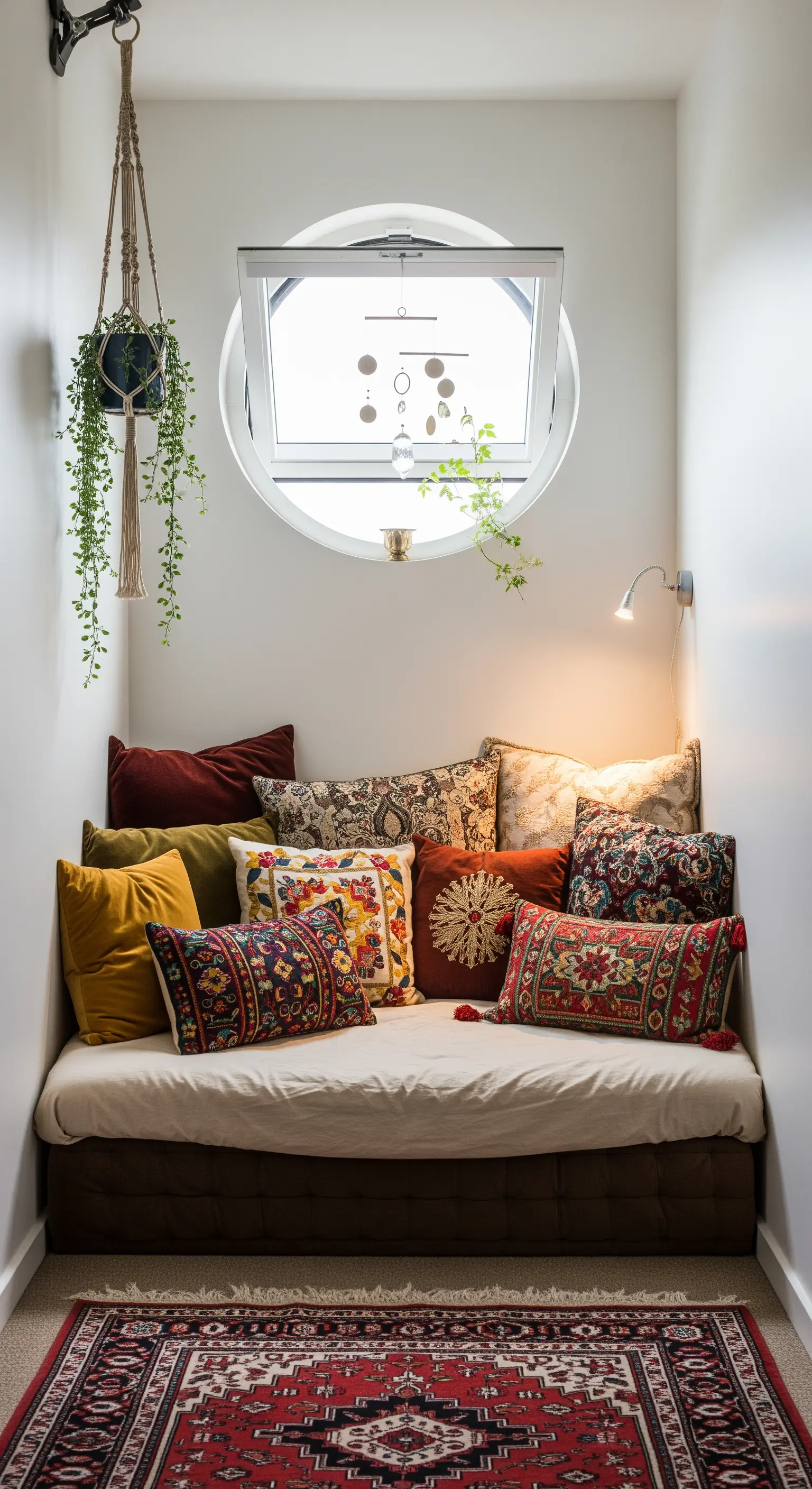 Eine kleine, gemütliche Nische, gefüllt mit vielen bunten Kissen.